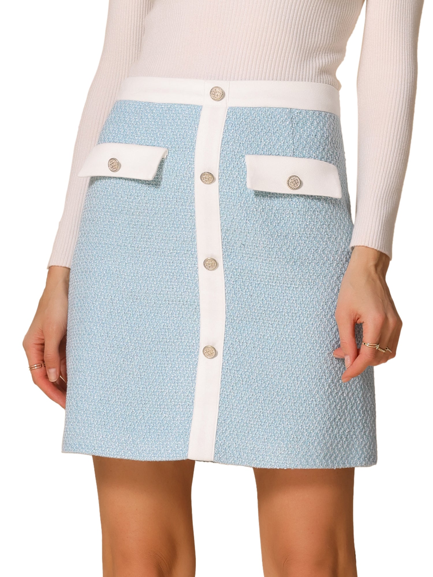 Plaid Tweed Contrast Color Button Decor Business Casual Mini Skirt