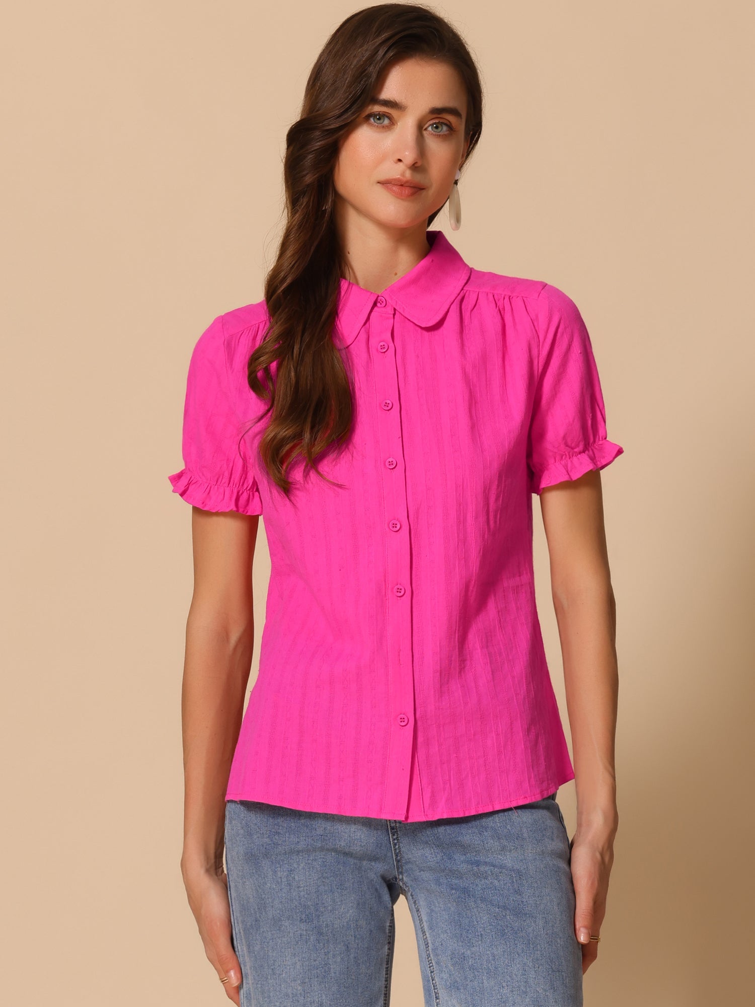 Cotton Frilled Top Turndown Collar Solid Blouse Shirt