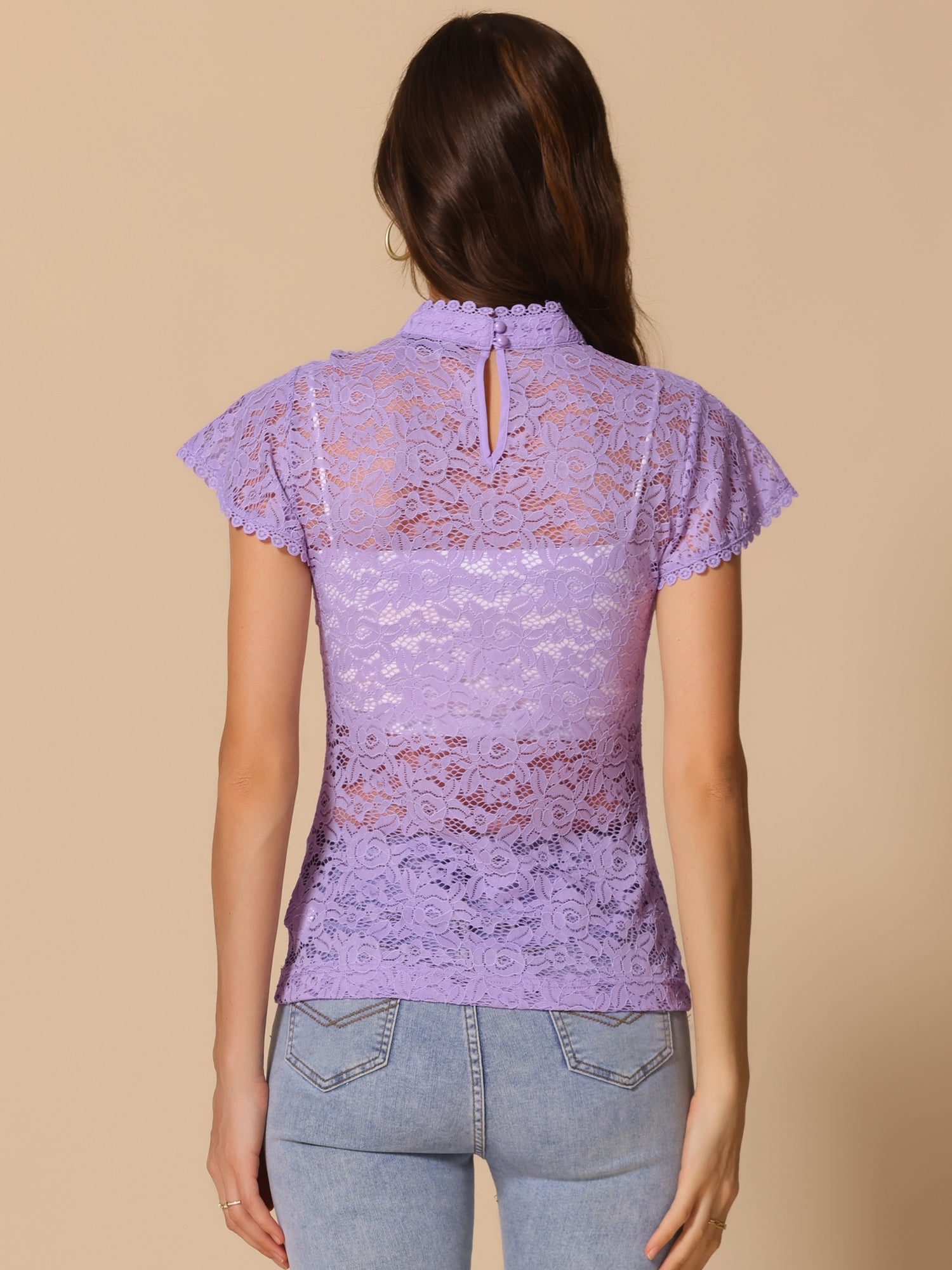 Elegant Floral Lace Short Sleeve Keyhole Back Fitted Blouse