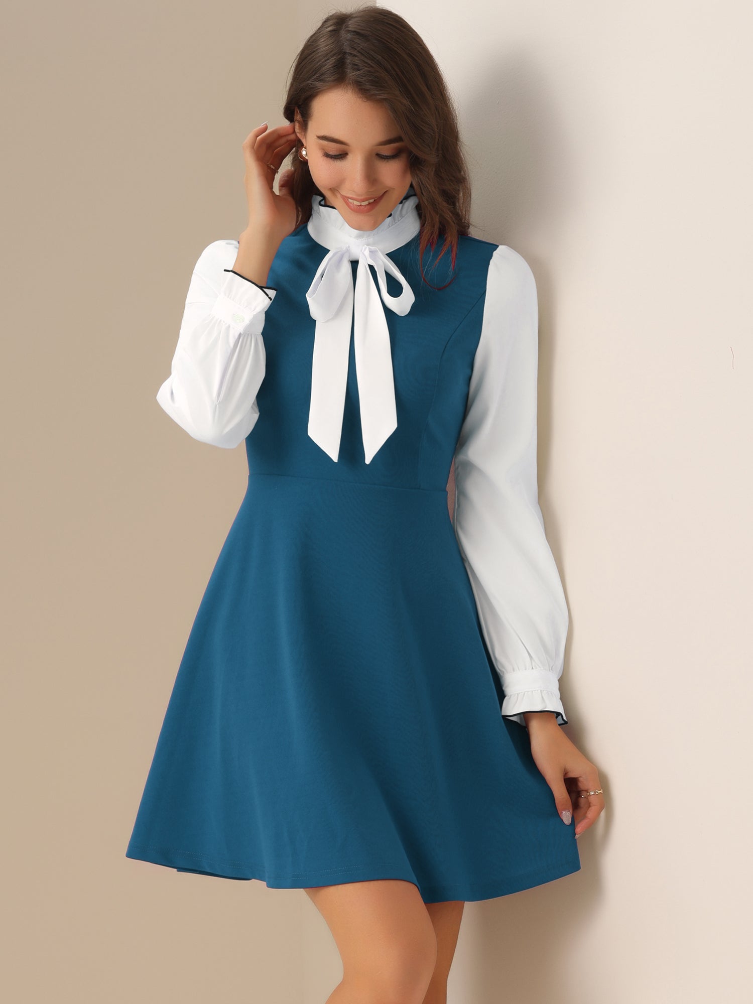 Patchwork Contrast Color Long Sleeve Tie Neck Mini Dress