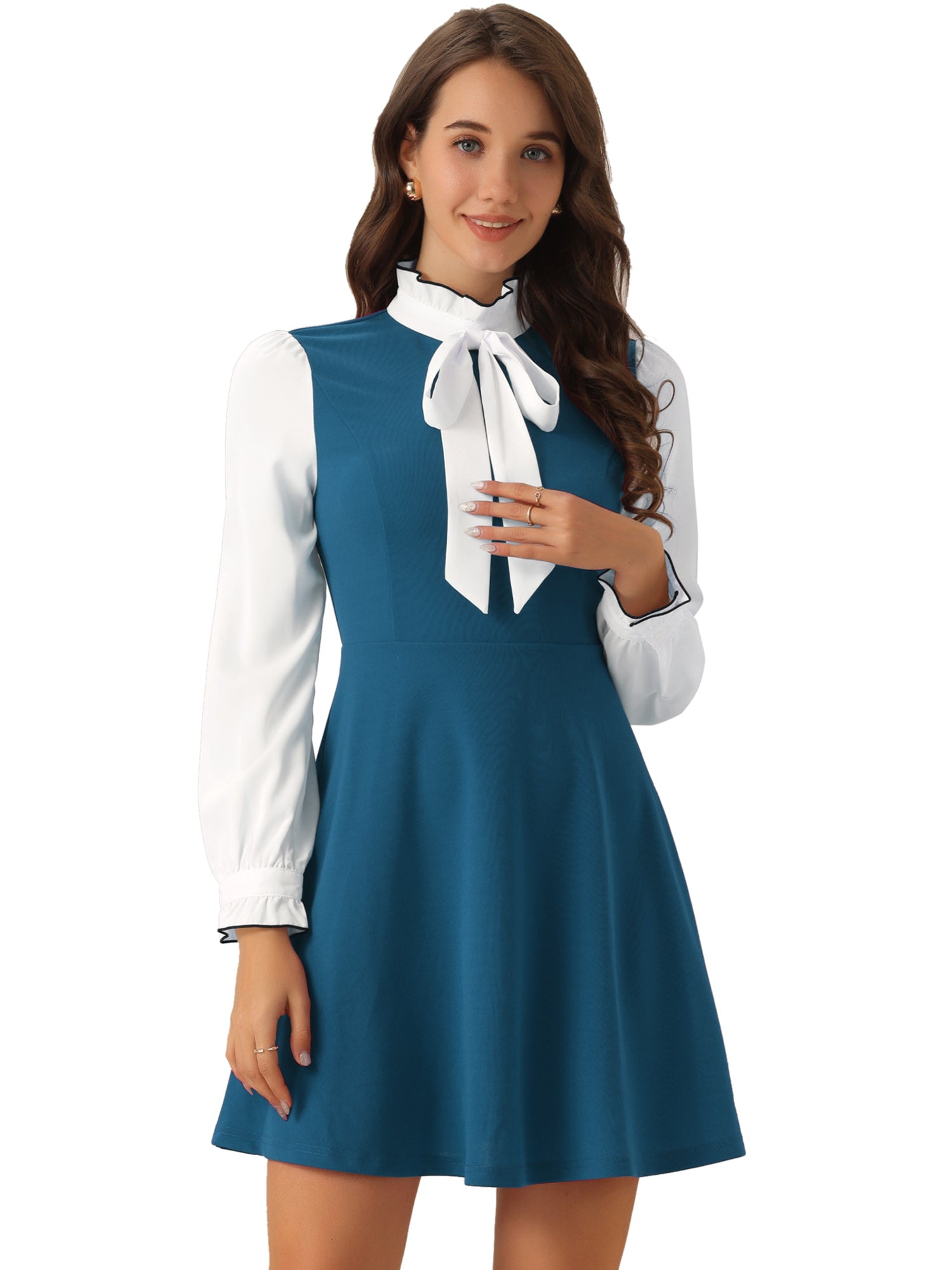 Patchwork Contrast Color Long Sleeve Tie Neck Mini Dress