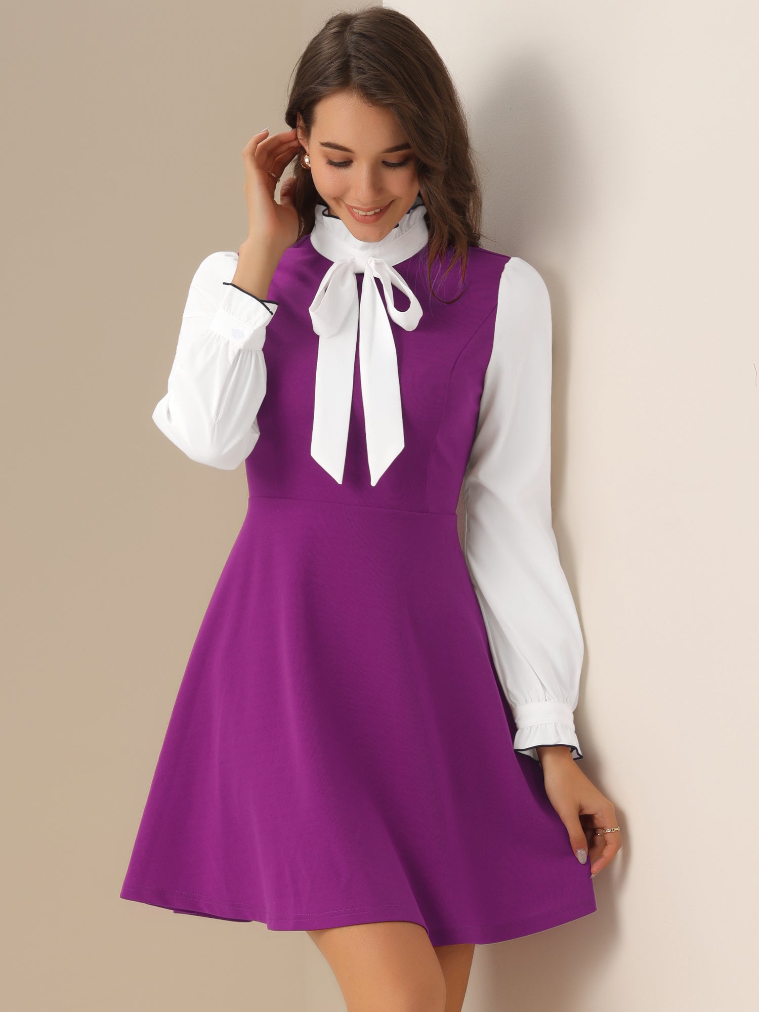 Patchwork Contrast Color Long Sleeve Tie Neck Mini Dress