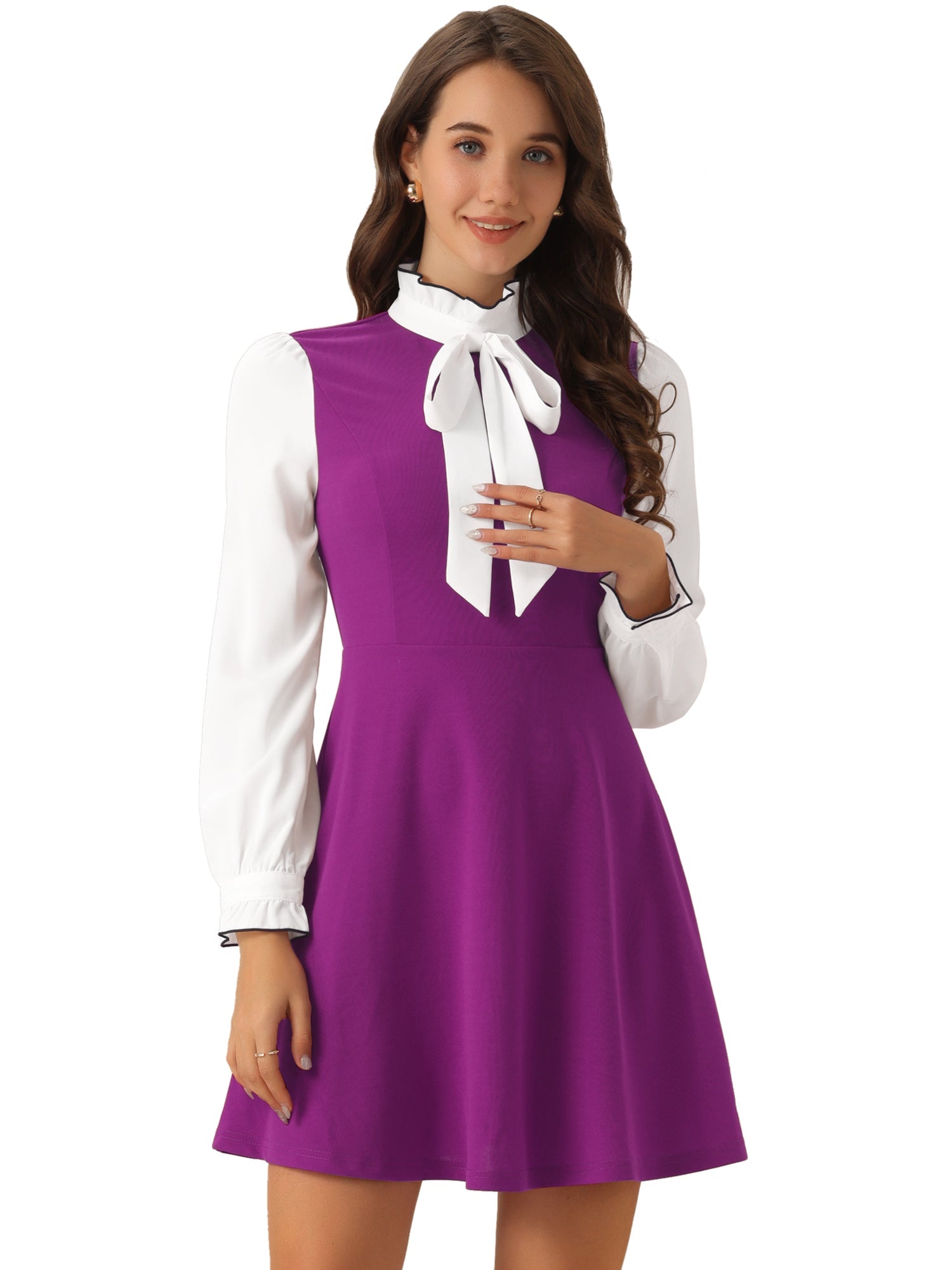 Patchwork Contrast Color Long Sleeve Tie Neck Mini Dress