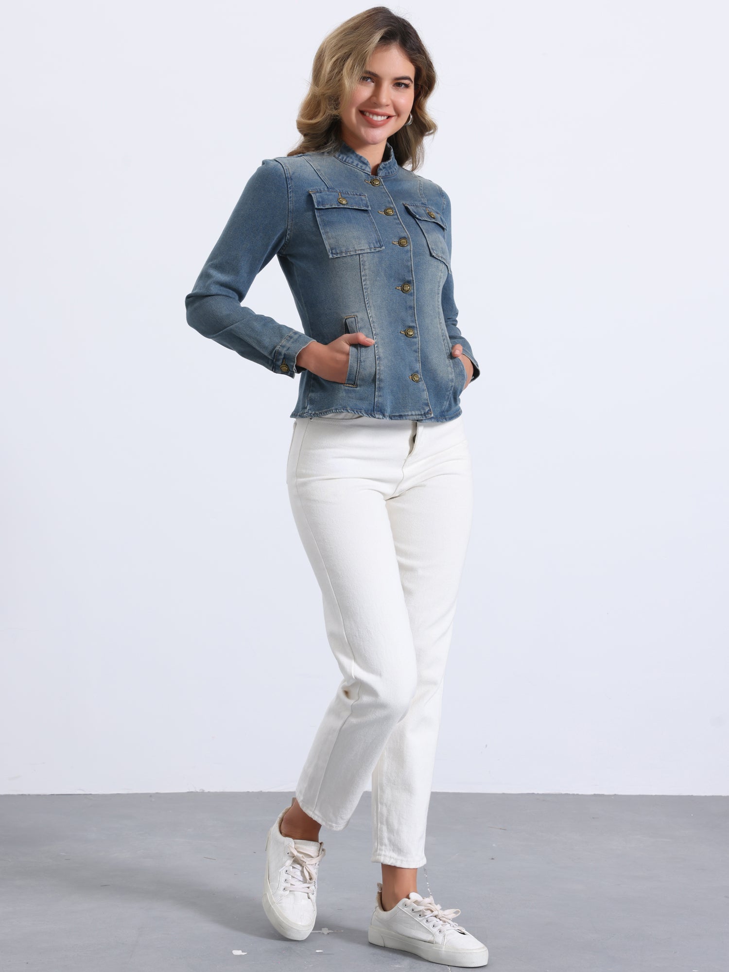 Casual Denim Classic Stand Collar Long Sleeve Jean Jacket