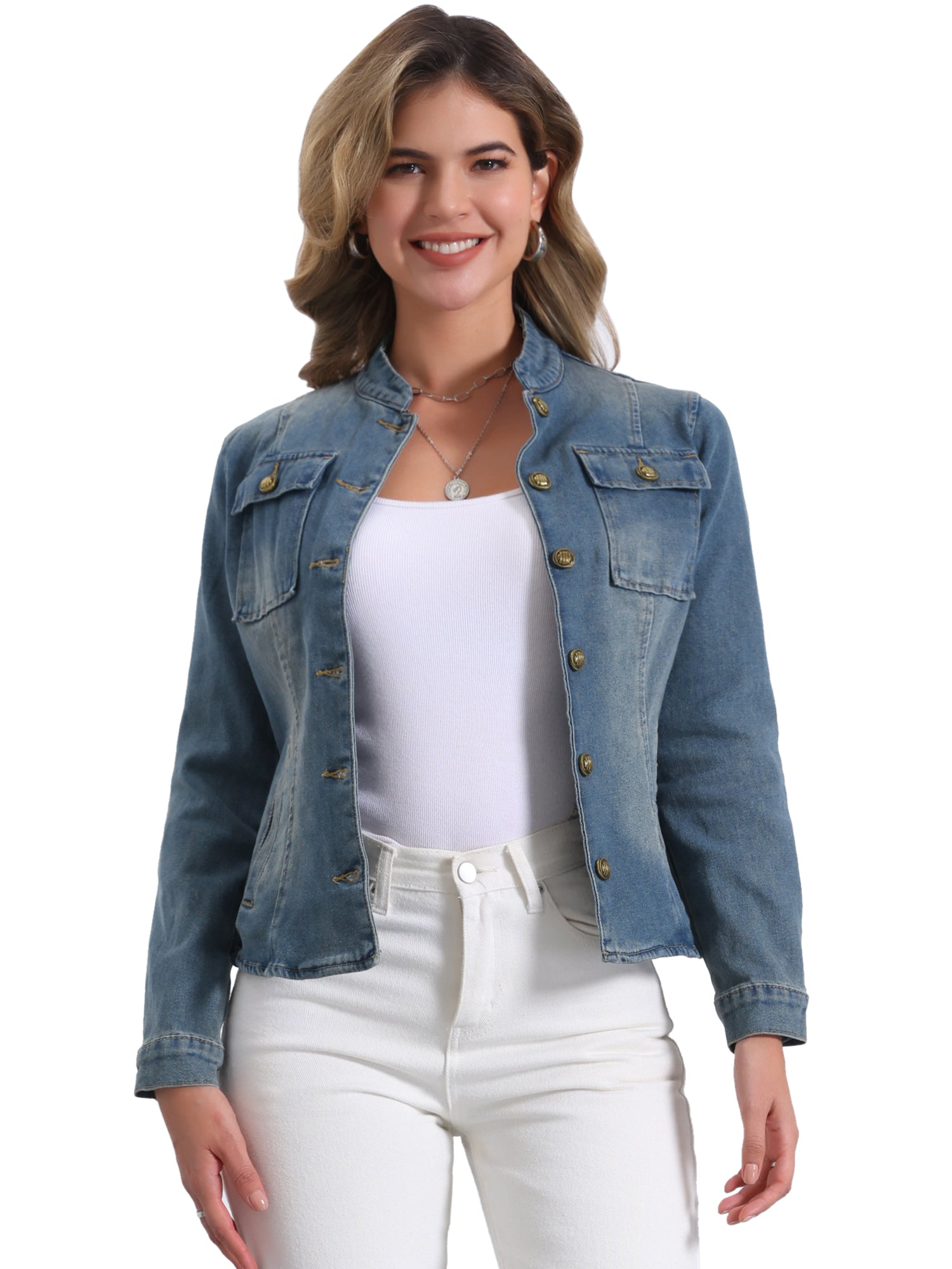 Casual Denim Classic Stand Collar Long Sleeve Jean Jacket