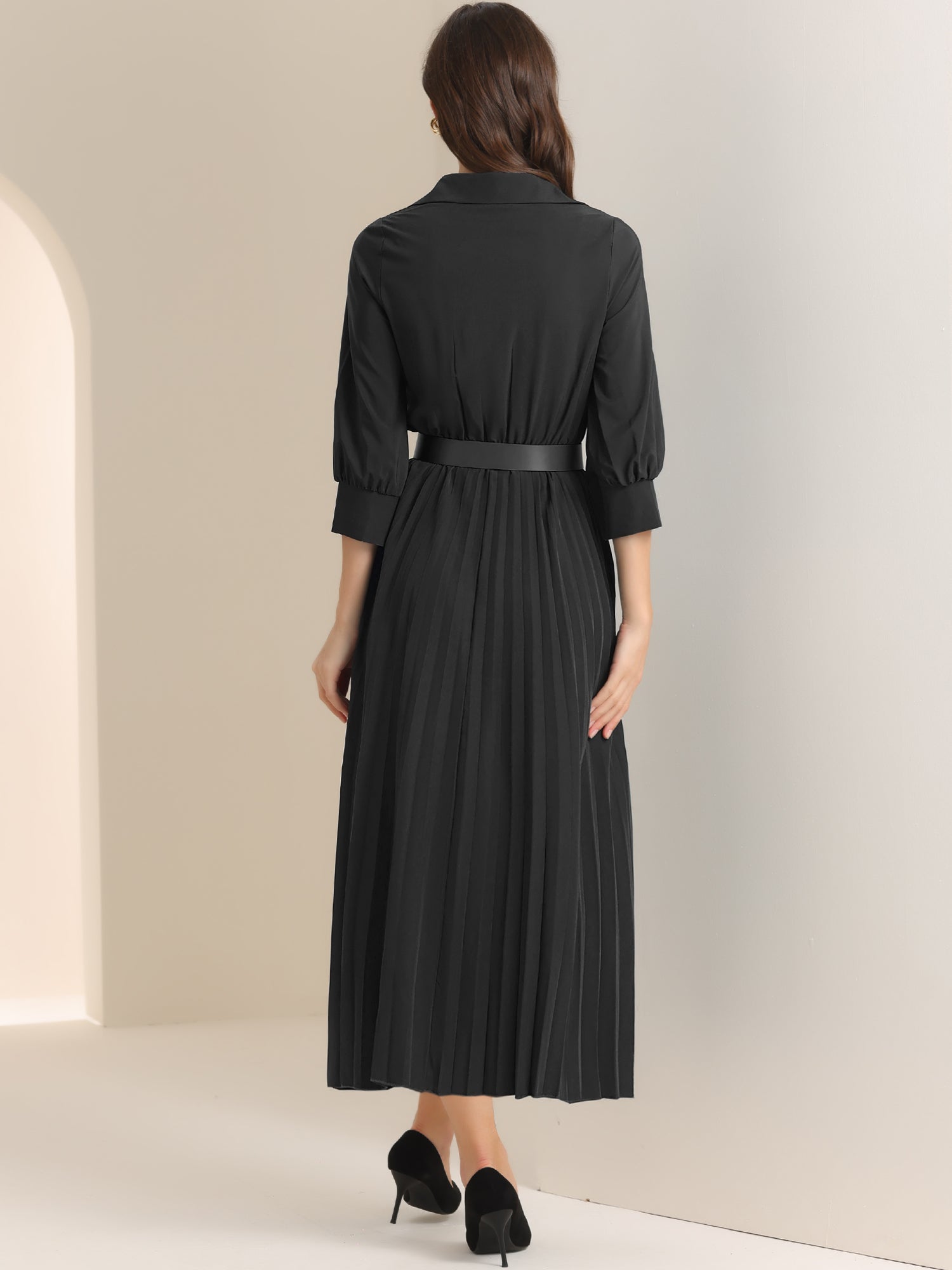 Collar V Neck Belted Dressy Casual Pleated Maxi Dress