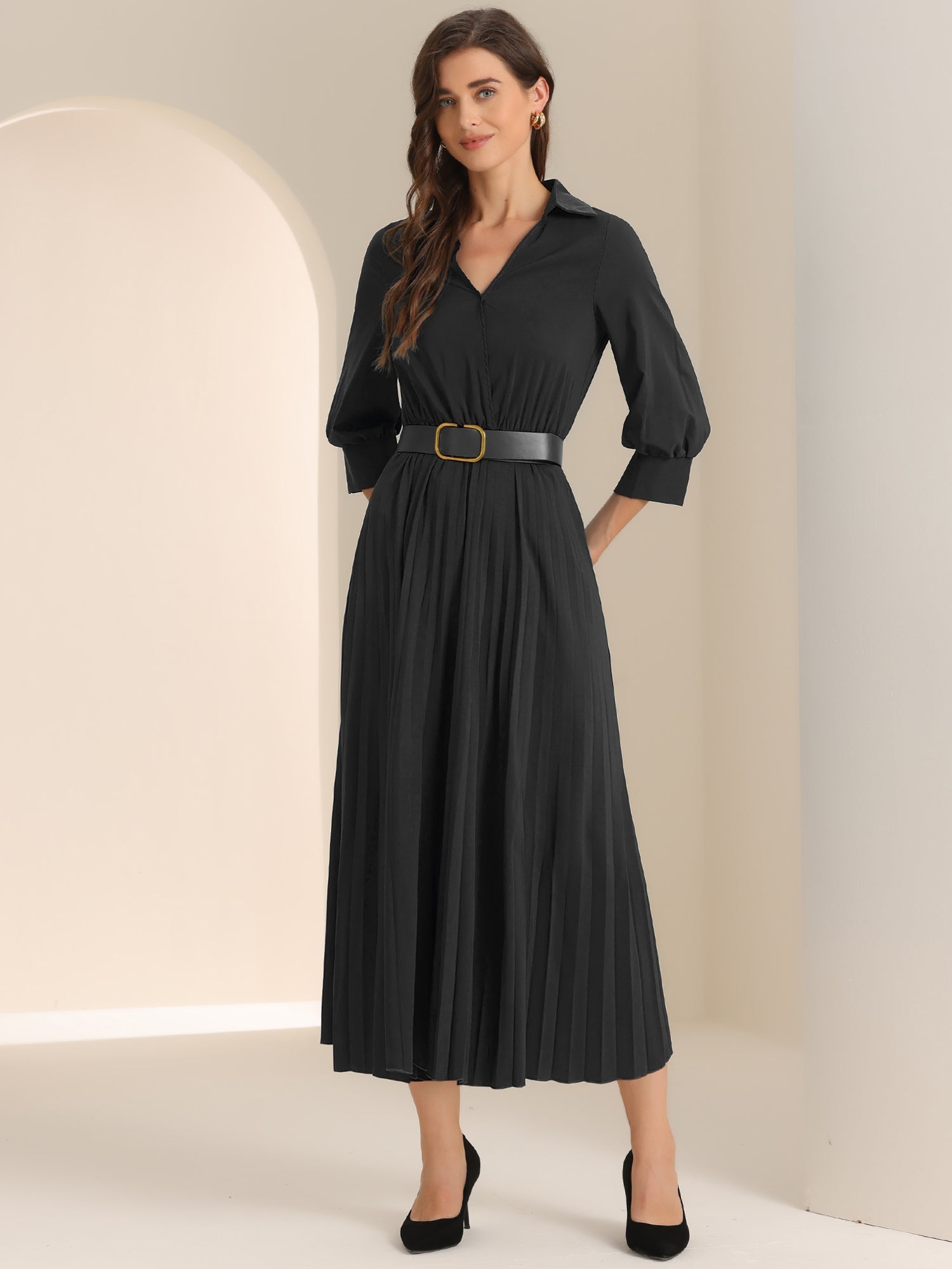 Collar V Neck Belted Dressy Casual Pleated Maxi Dress