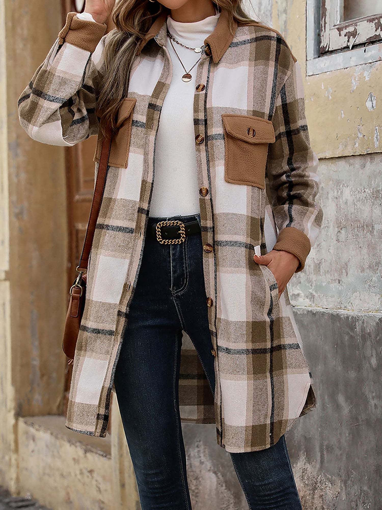 Brushed Long Sleeves Plaid Shacket Shirt Jacket