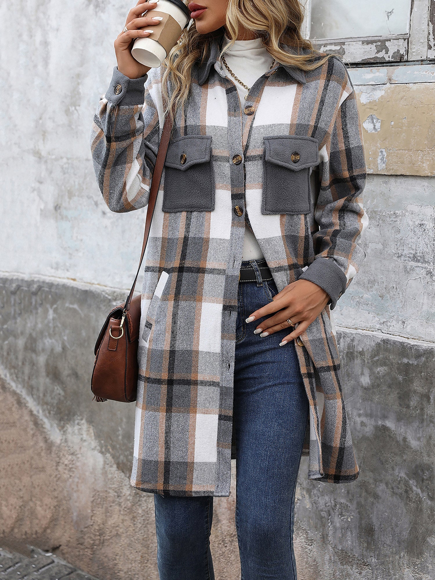 Brushed Long Sleeves Plaid Shacket Shirt Jacket