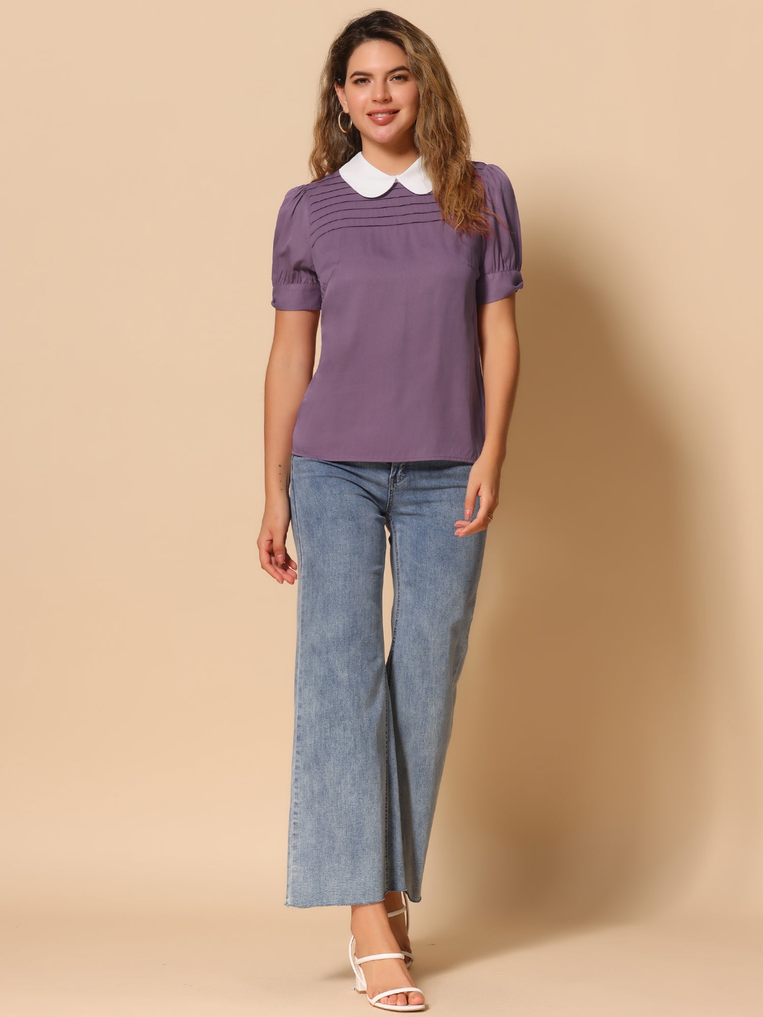 Pleated Contrast Peter Pan Collar Puff Short Sleeve Blouse