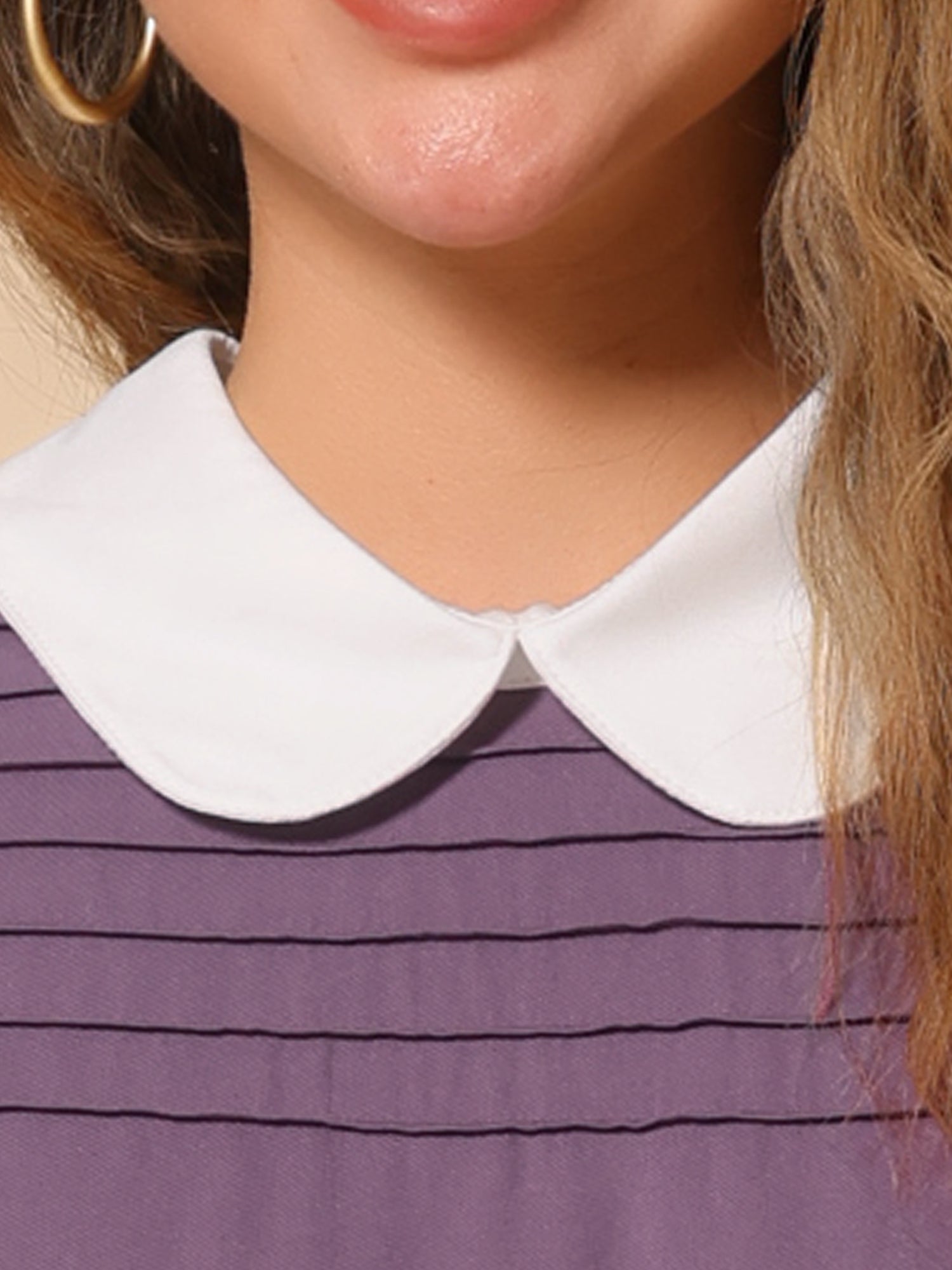 Pleated Contrast Peter Pan Collar Puff Short Sleeve Blouse