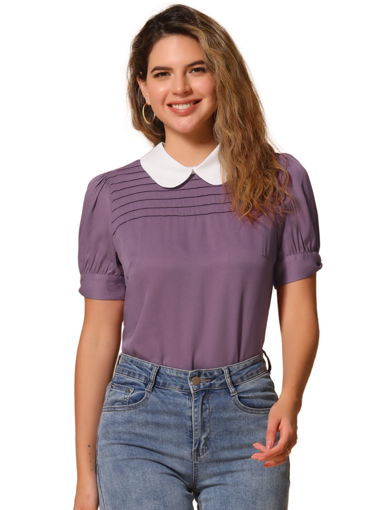 Pleated Contrast Peter Pan Collar Puff Short Sleeve Blouse