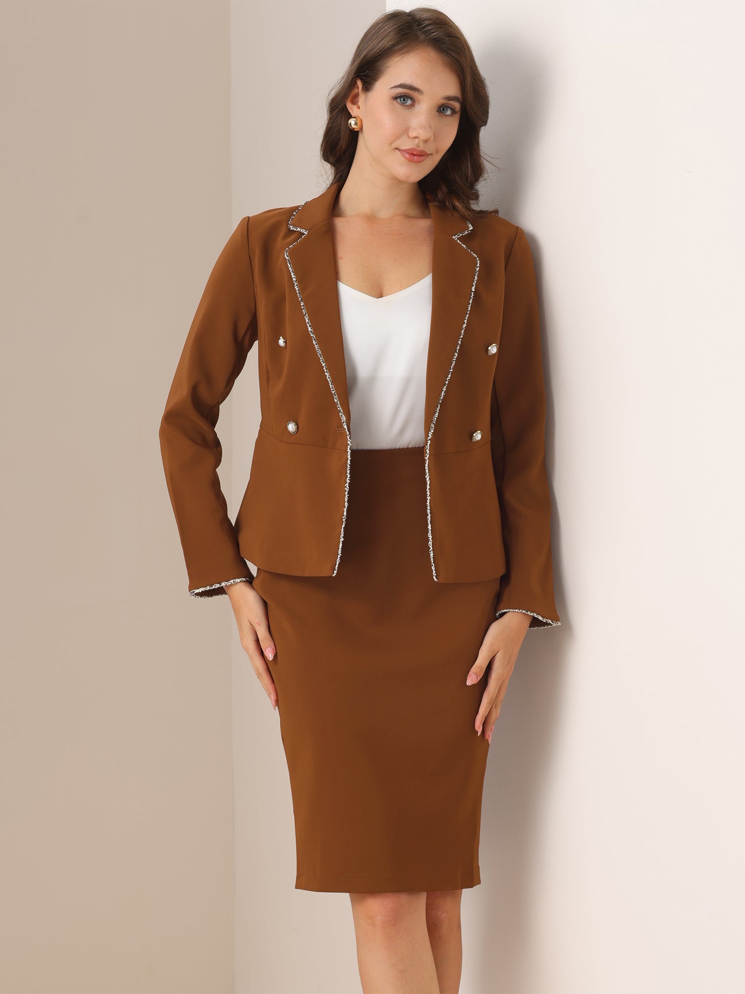 Business Suit 2 Pieces Tweed Trim Blazer Jacket and Skirt Set