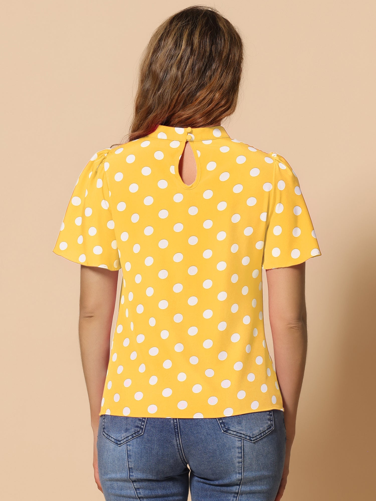 Polka Dots Stand Collar Pleat Keyhole Short Flare Sleeve Blouse
