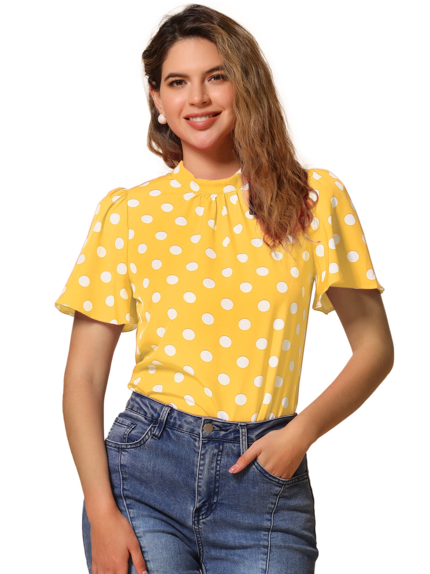 Polka Dots Stand Collar Pleat Keyhole Short Flare Sleeve Blouse