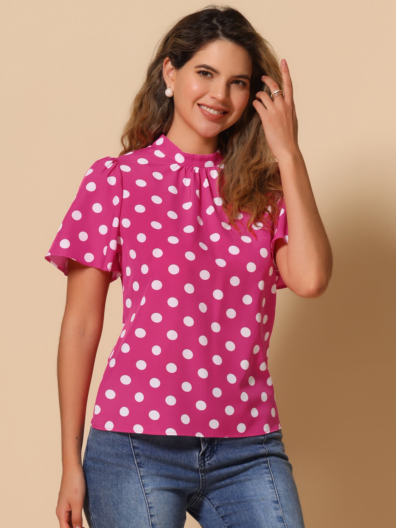 Polka Dots Stand Collar Pleat Keyhole Short Flare Sleeve Blouse