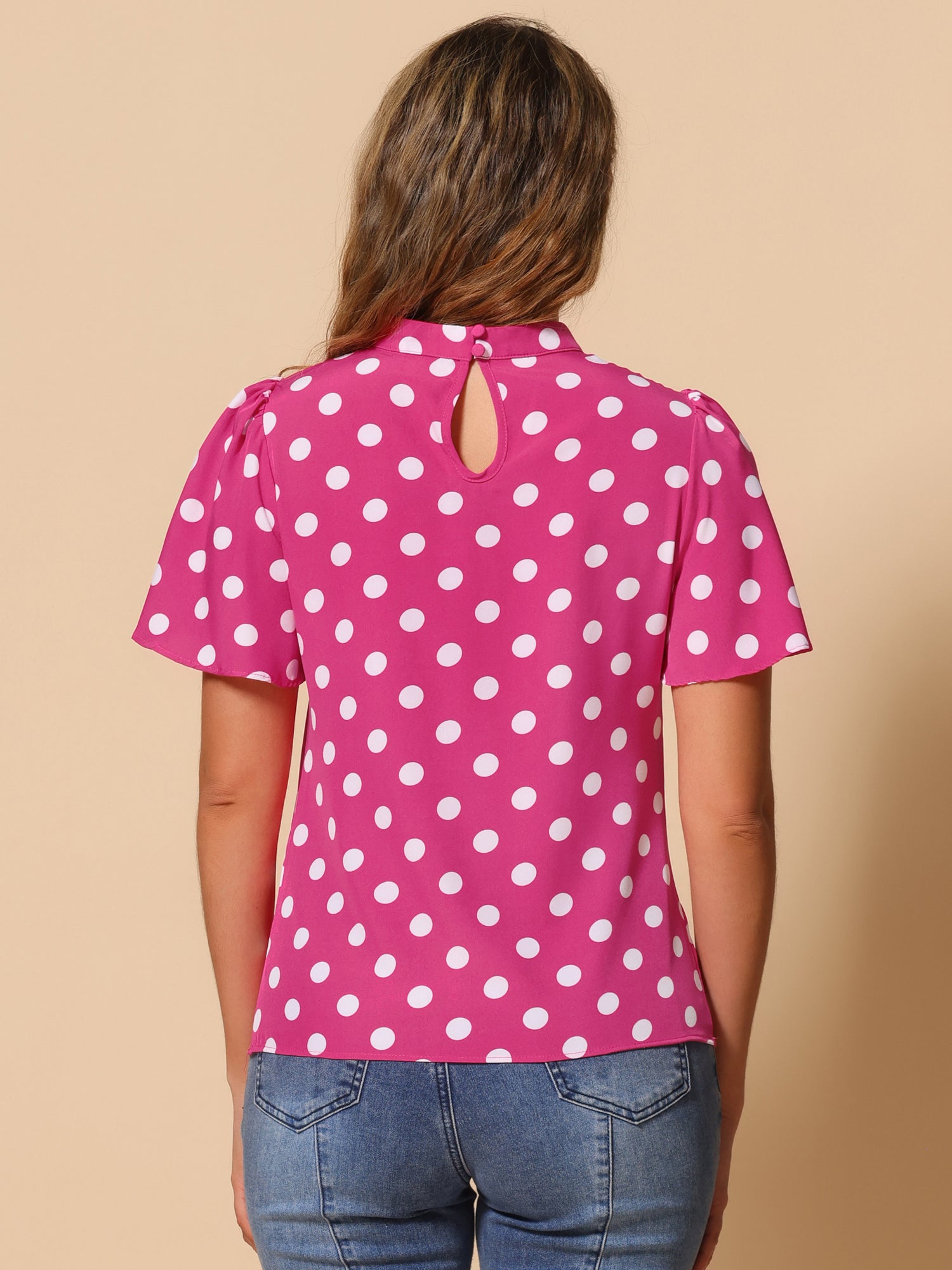 Polka Dots Stand Collar Pleat Keyhole Short Flare Sleeve Blouse