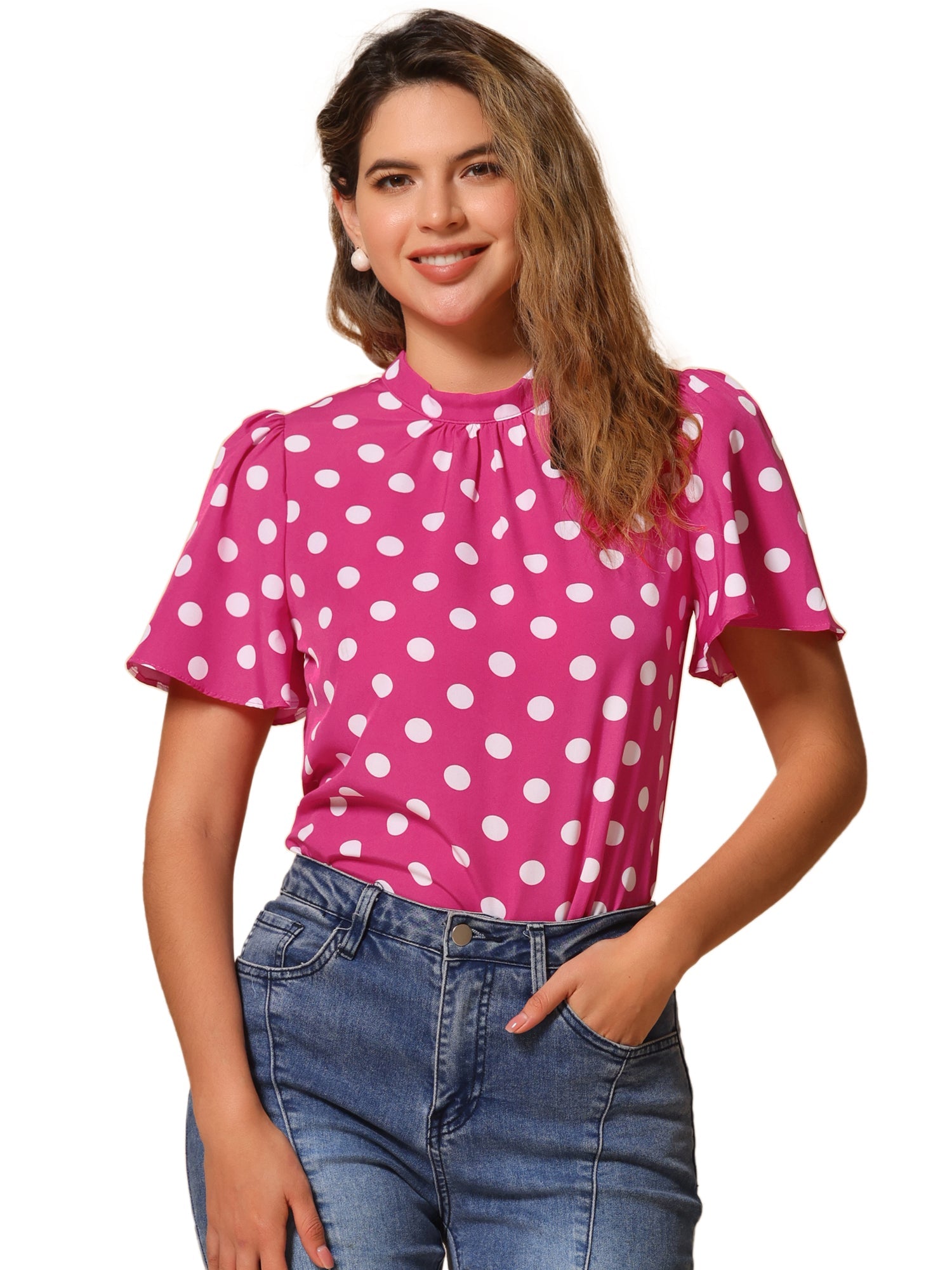 Polka Dots Stand Collar Pleat Keyhole Short Flare Sleeve Blouse