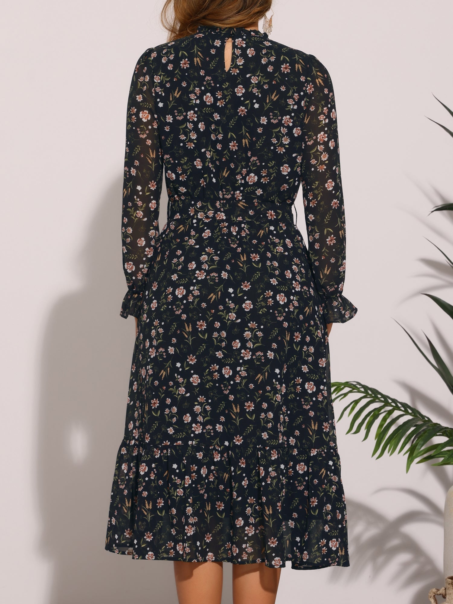 Floral Long Sleeve Belted Flowy Chiffon Midi Dress