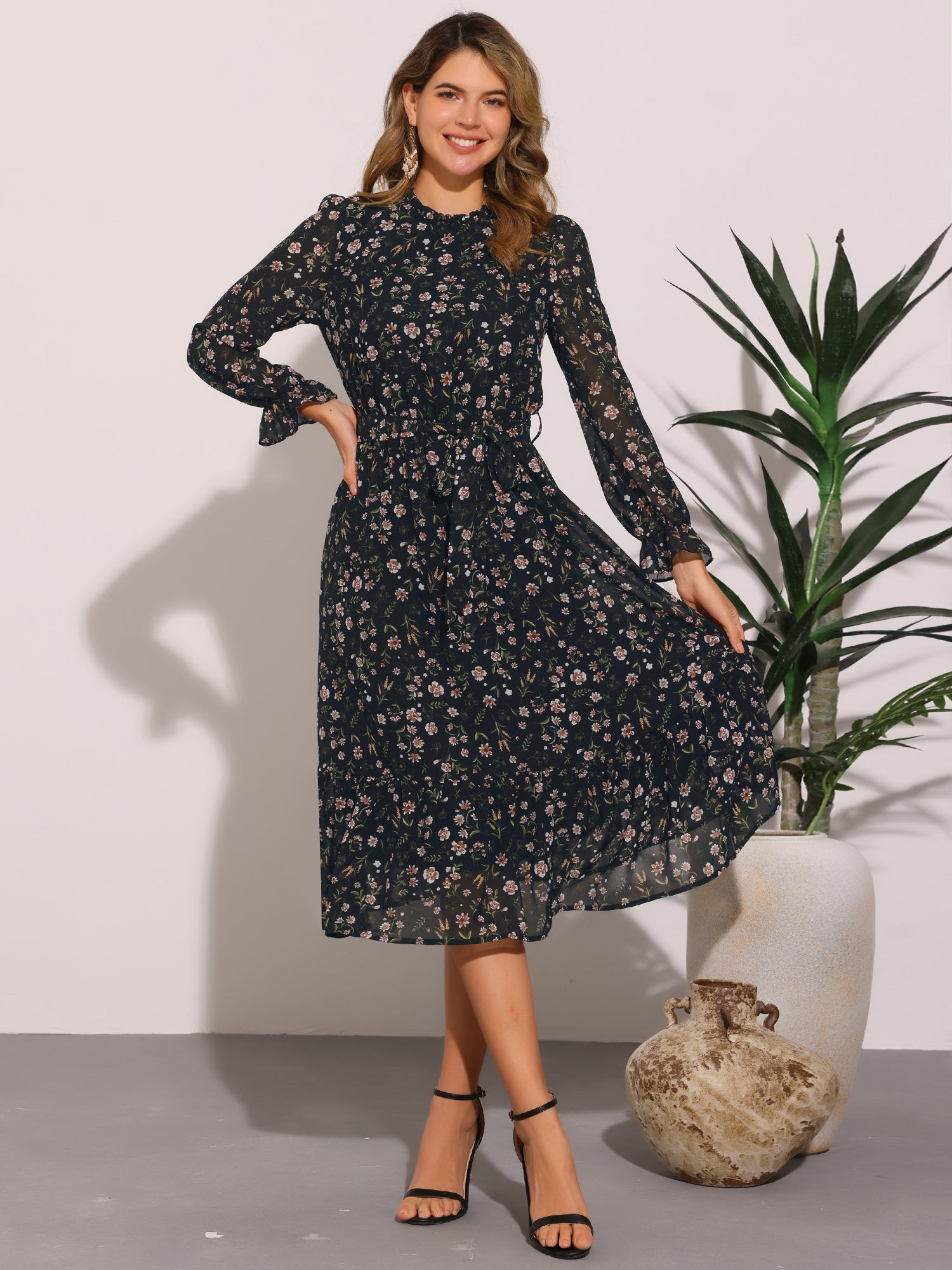 Floral Long Sleeve Belted Flowy Chiffon Midi Dress