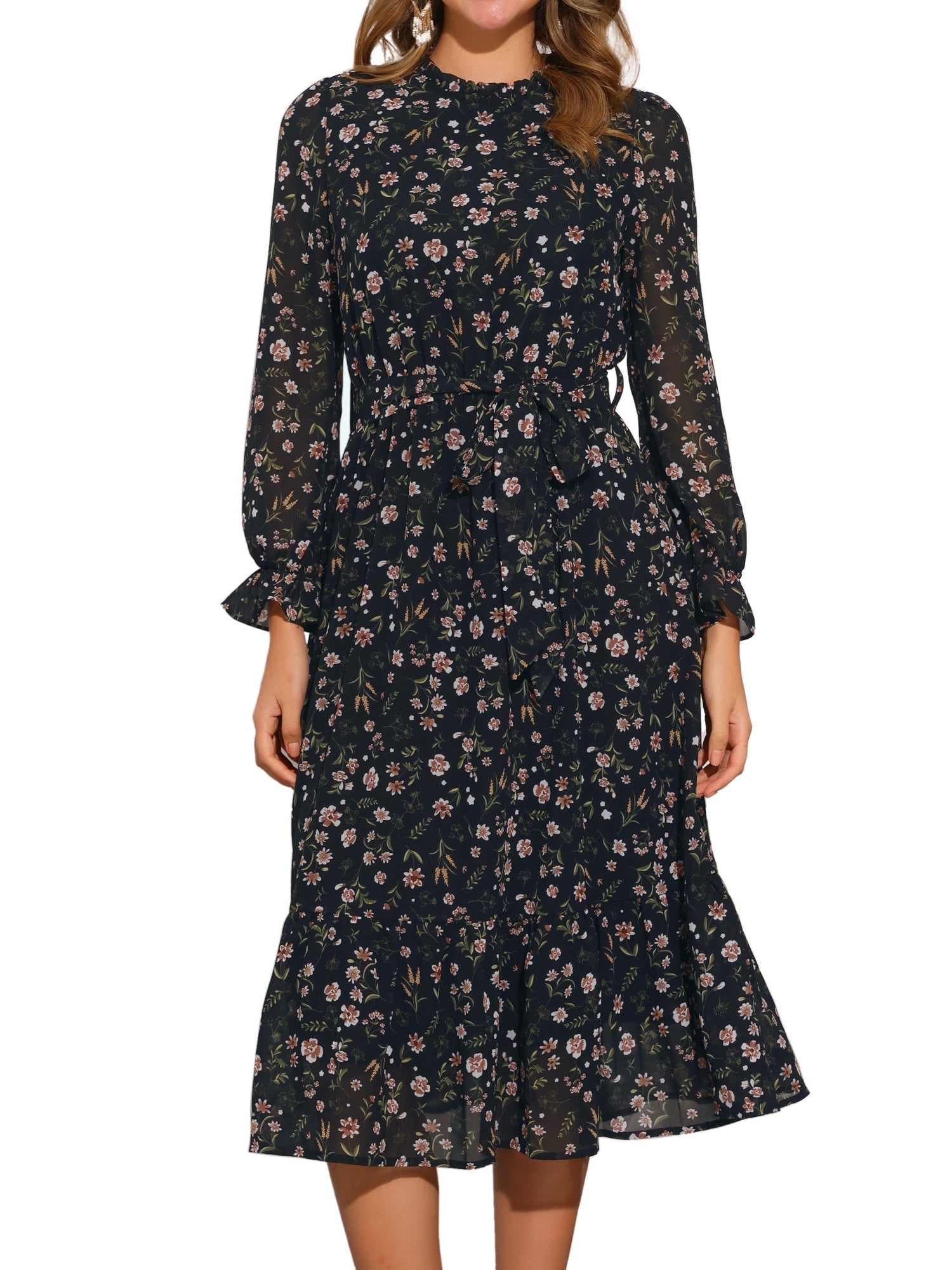 Floral Long Sleeve Belted Flowy Chiffon Midi Dress