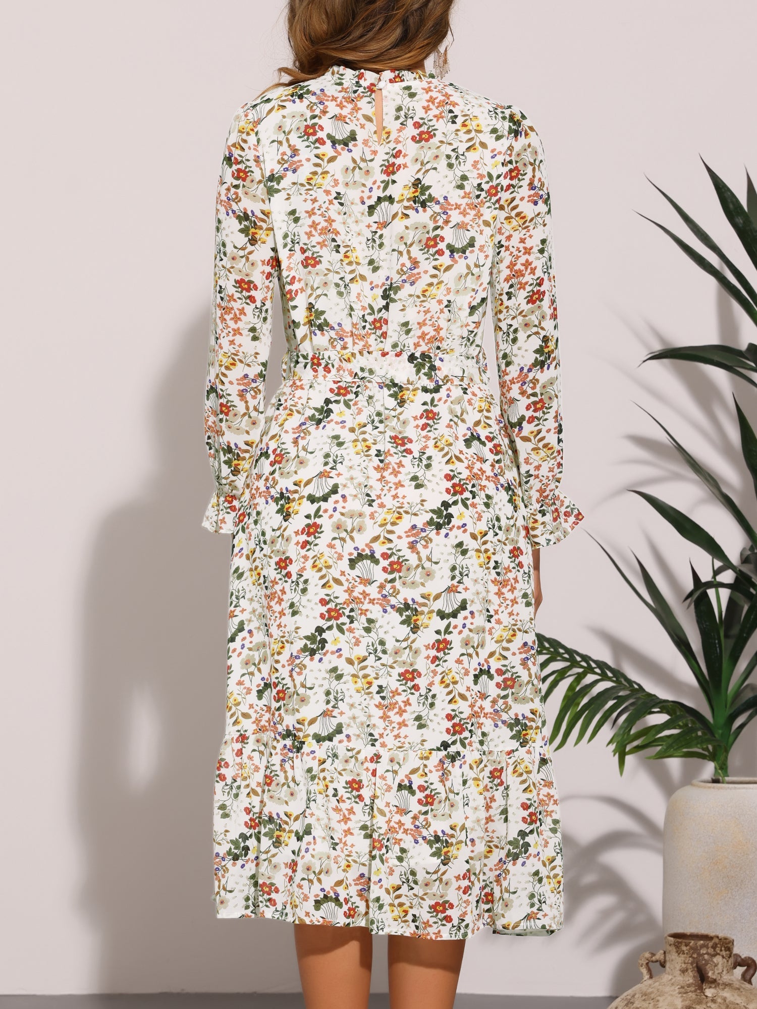 Floral Long Sleeve Belted Flowy Chiffon Midi Dress