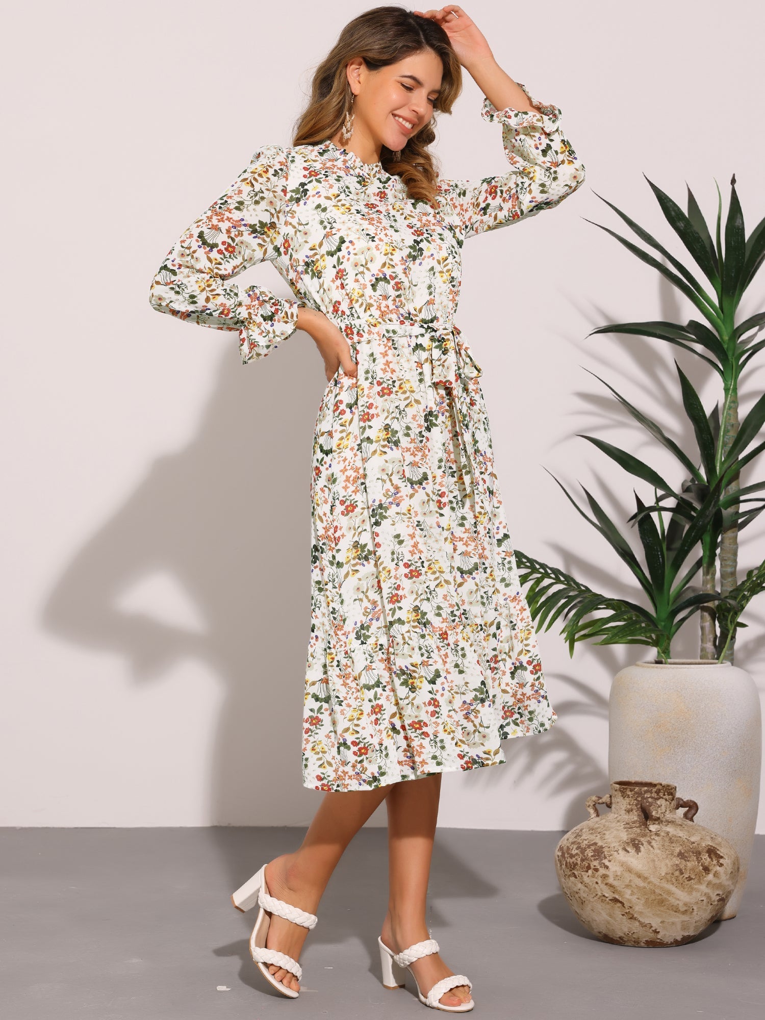 Floral Long Sleeve Belted Flowy Chiffon Midi Dress
