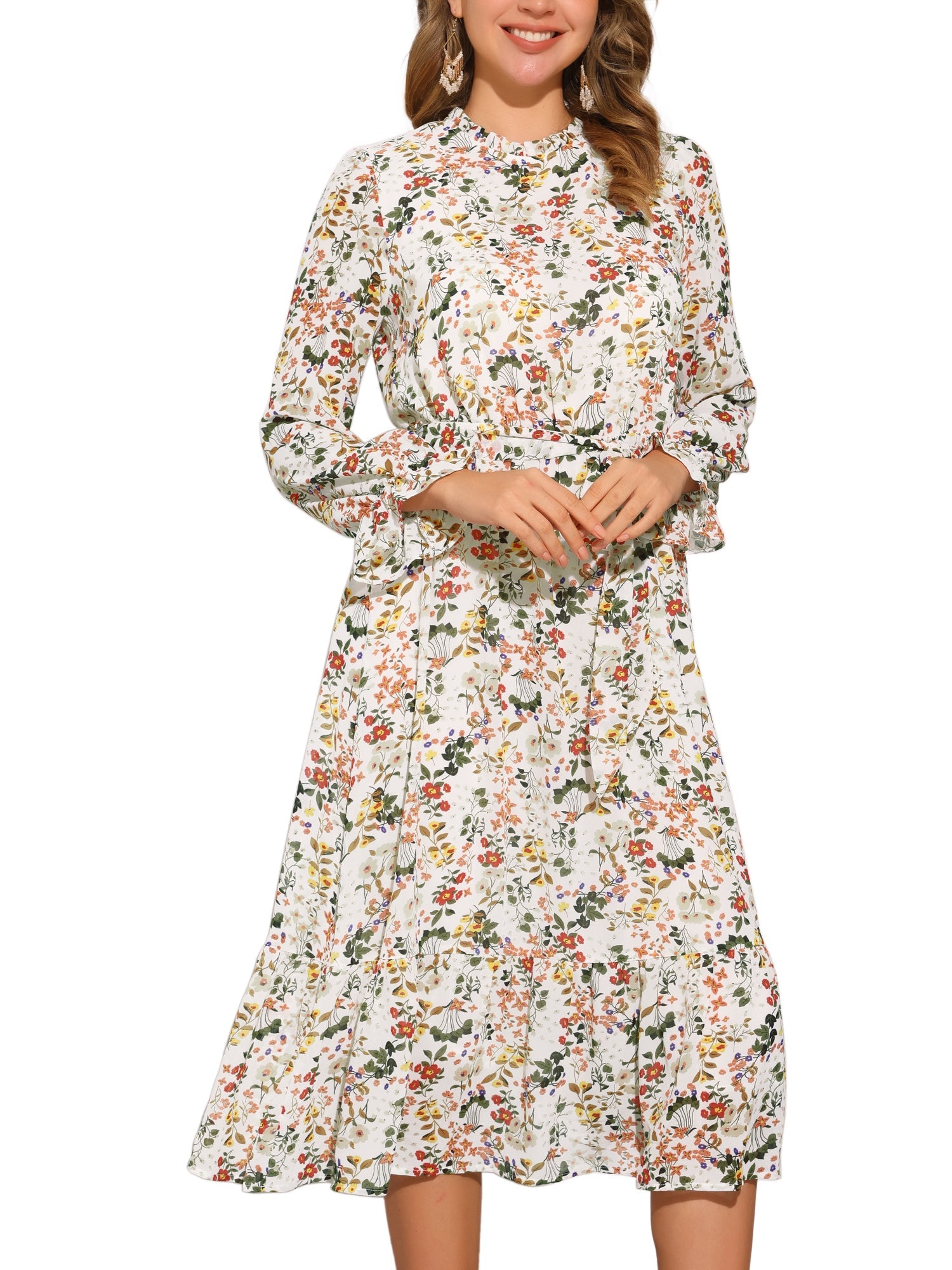 Floral Long Sleeve Belted Flowy Chiffon Midi Dress