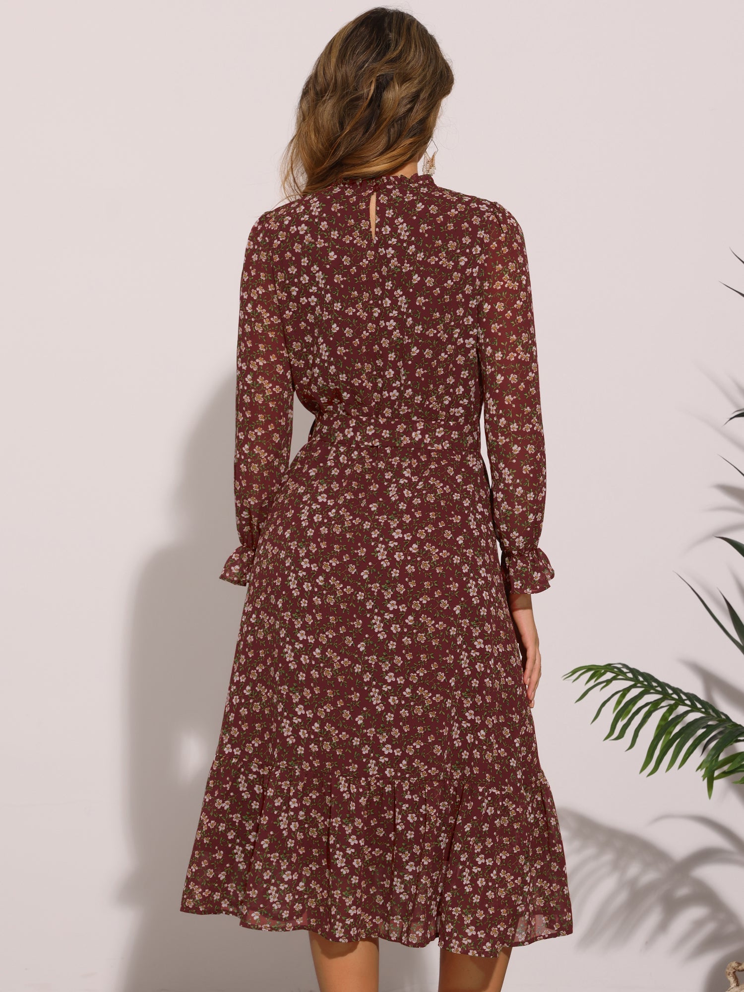 Floral Long Sleeve Belted Flowy Chiffon Midi Dress