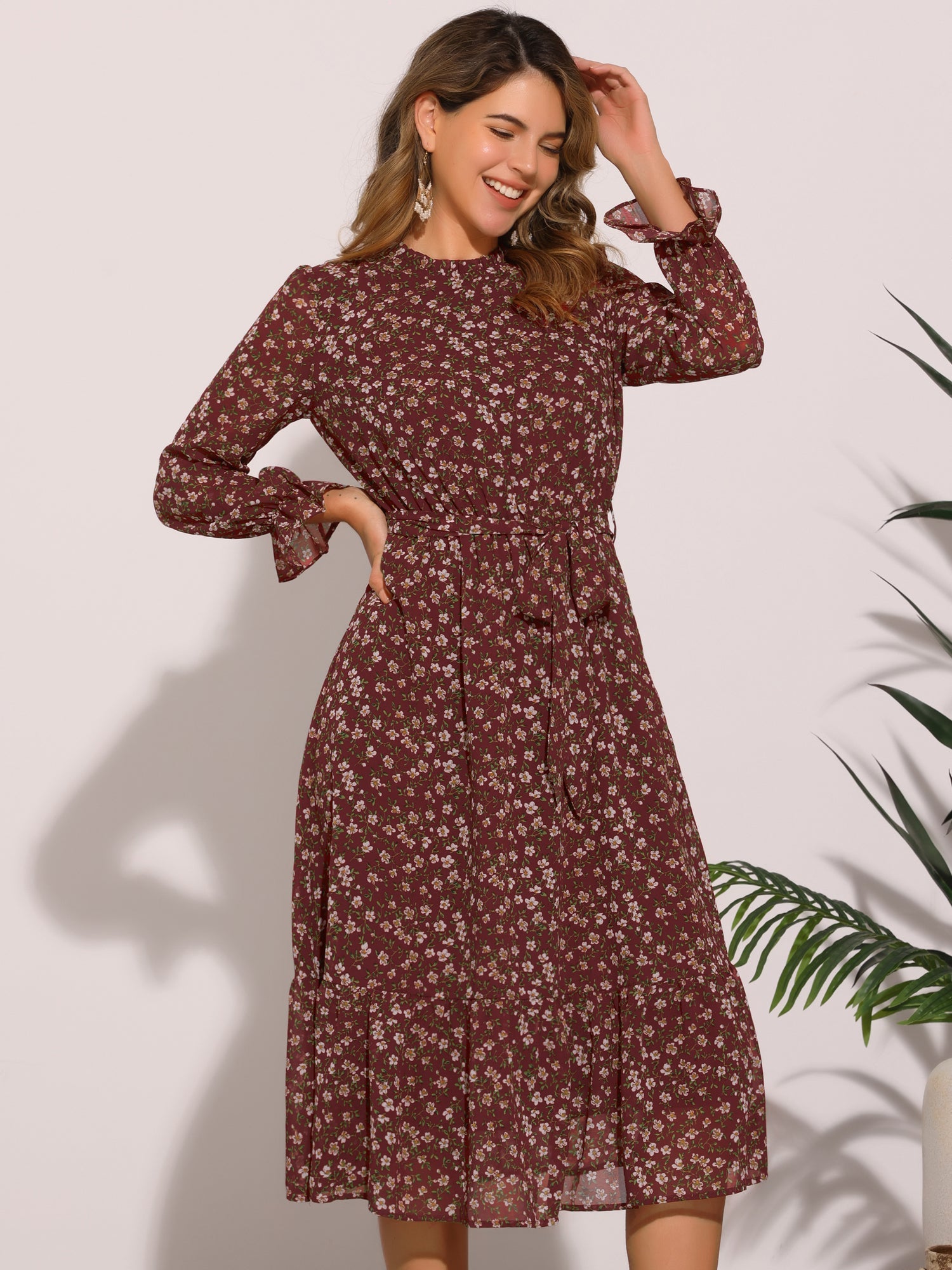Floral Long Sleeve Belted Flowy Chiffon Midi Dress
