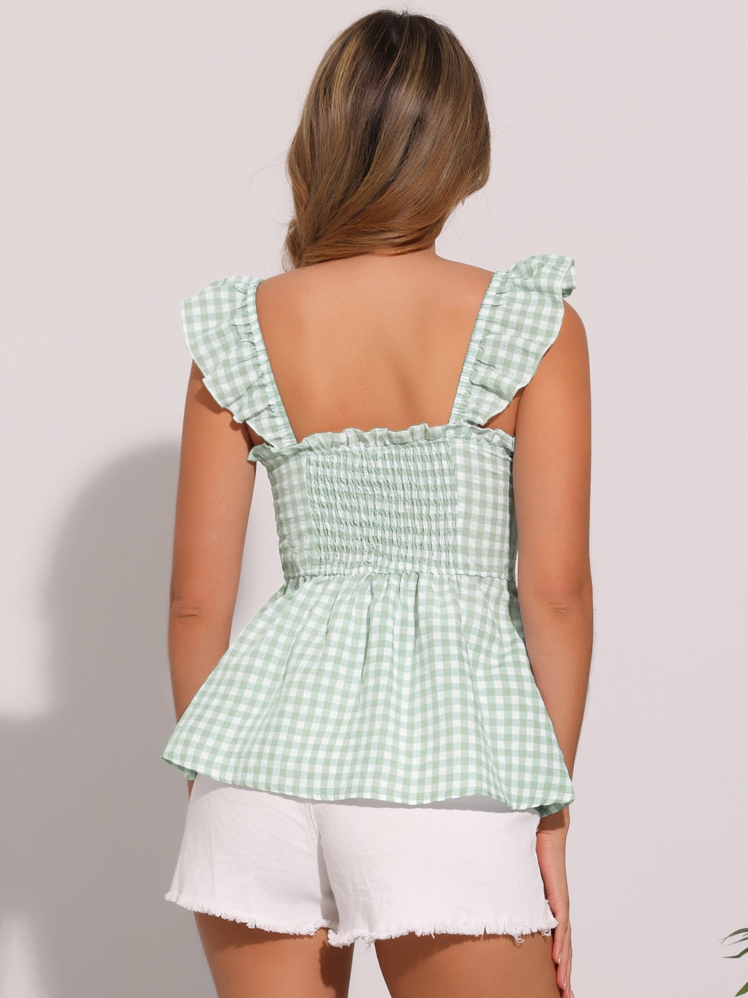 Gingham Peplum Top Summer Square Neck Sleeveless Plaid Blouse