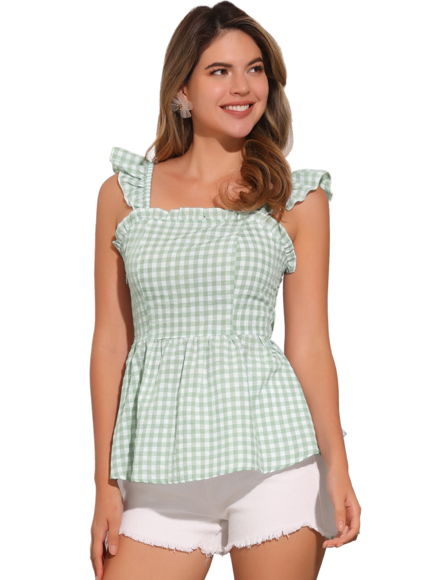 Gingham Peplum Top Summer Square Neck Sleeveless Plaid Blouse