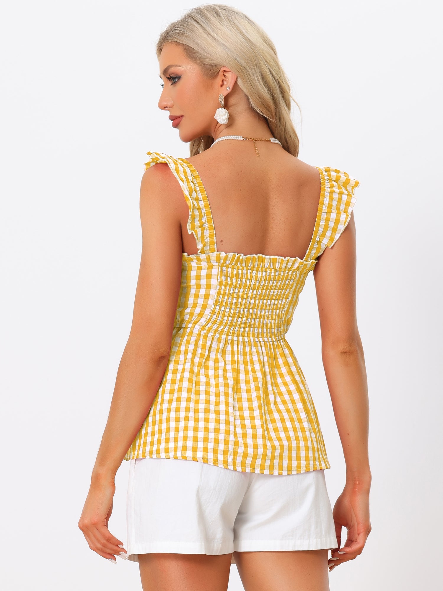 Gingham Peplum Top Summer Square Neck Sleeveless Plaid Blouse