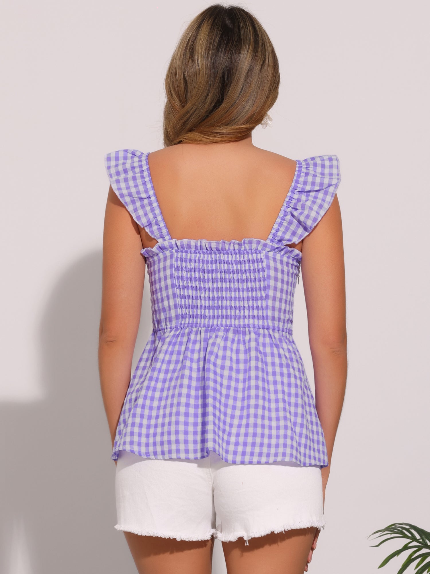 Gingham Peplum Top Summer Square Neck Sleeveless Plaid Blouse