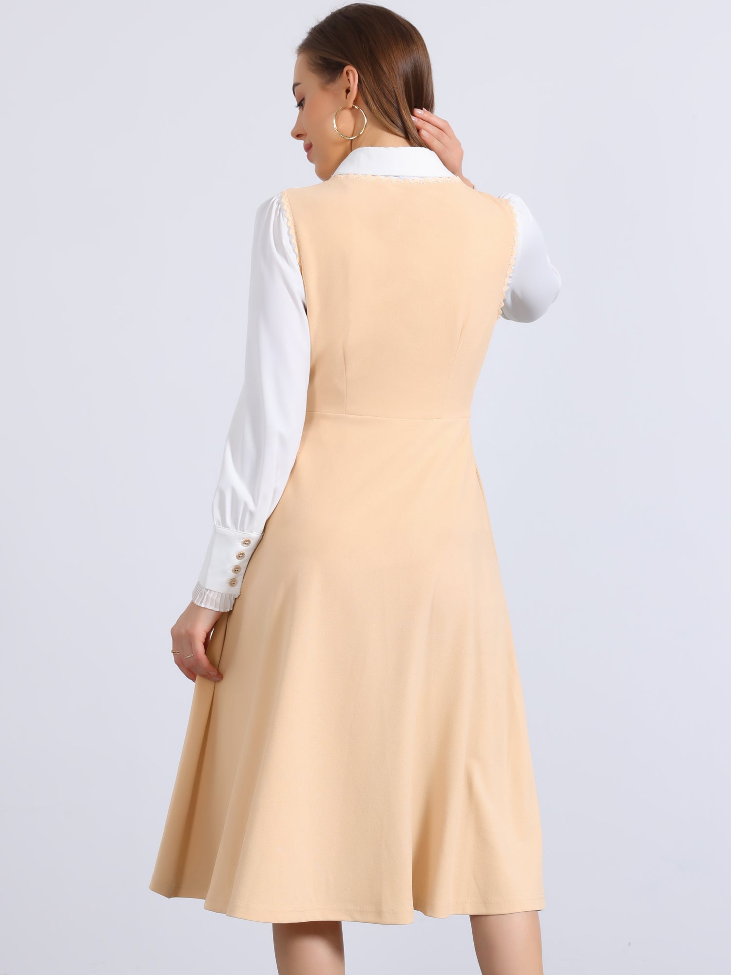 Lace Trim Button Decor Pockets Overalls Midi Pinafore Dress