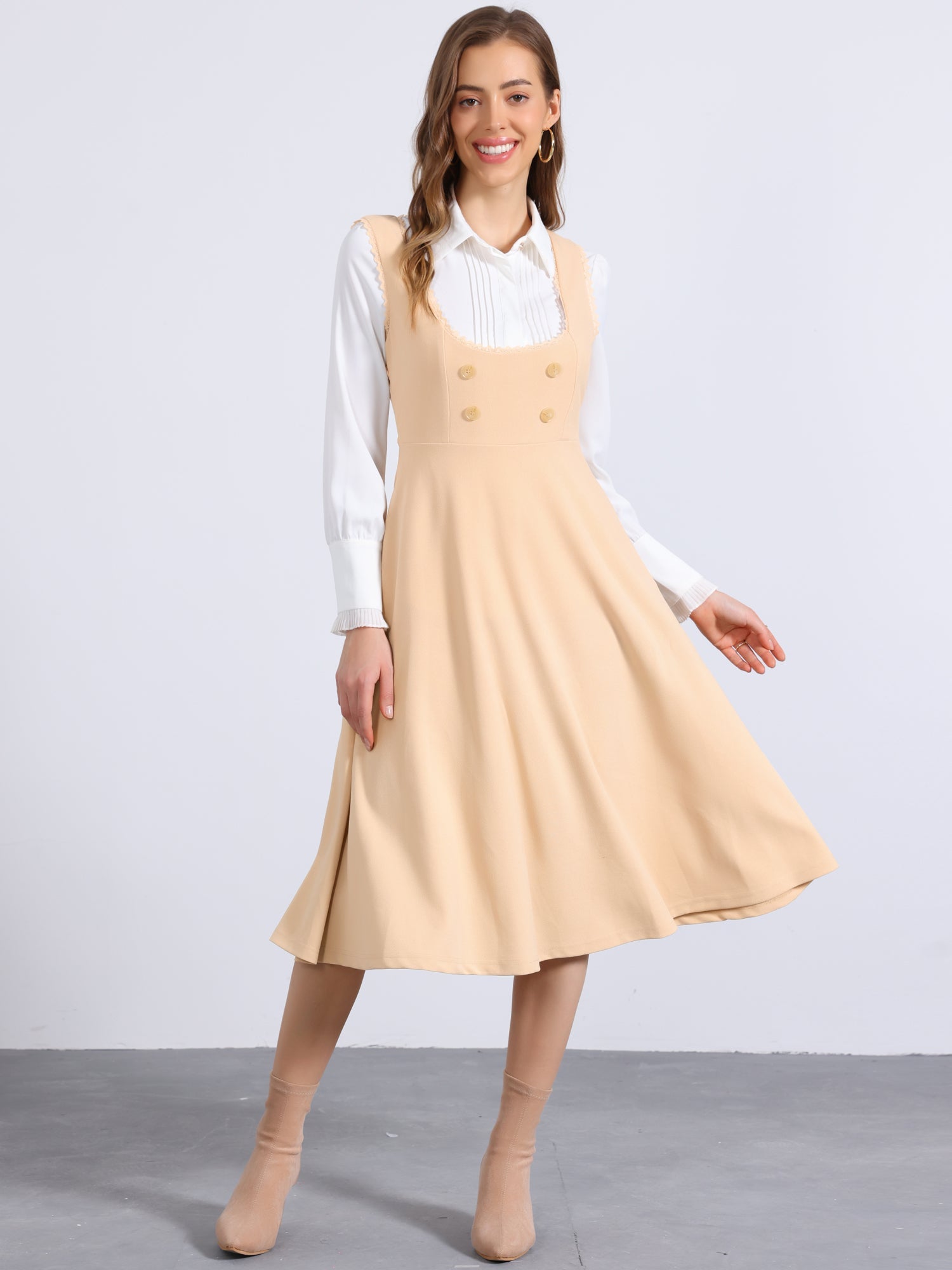 Lace Trim Button Decor Pockets Overalls Midi Pinafore Dress