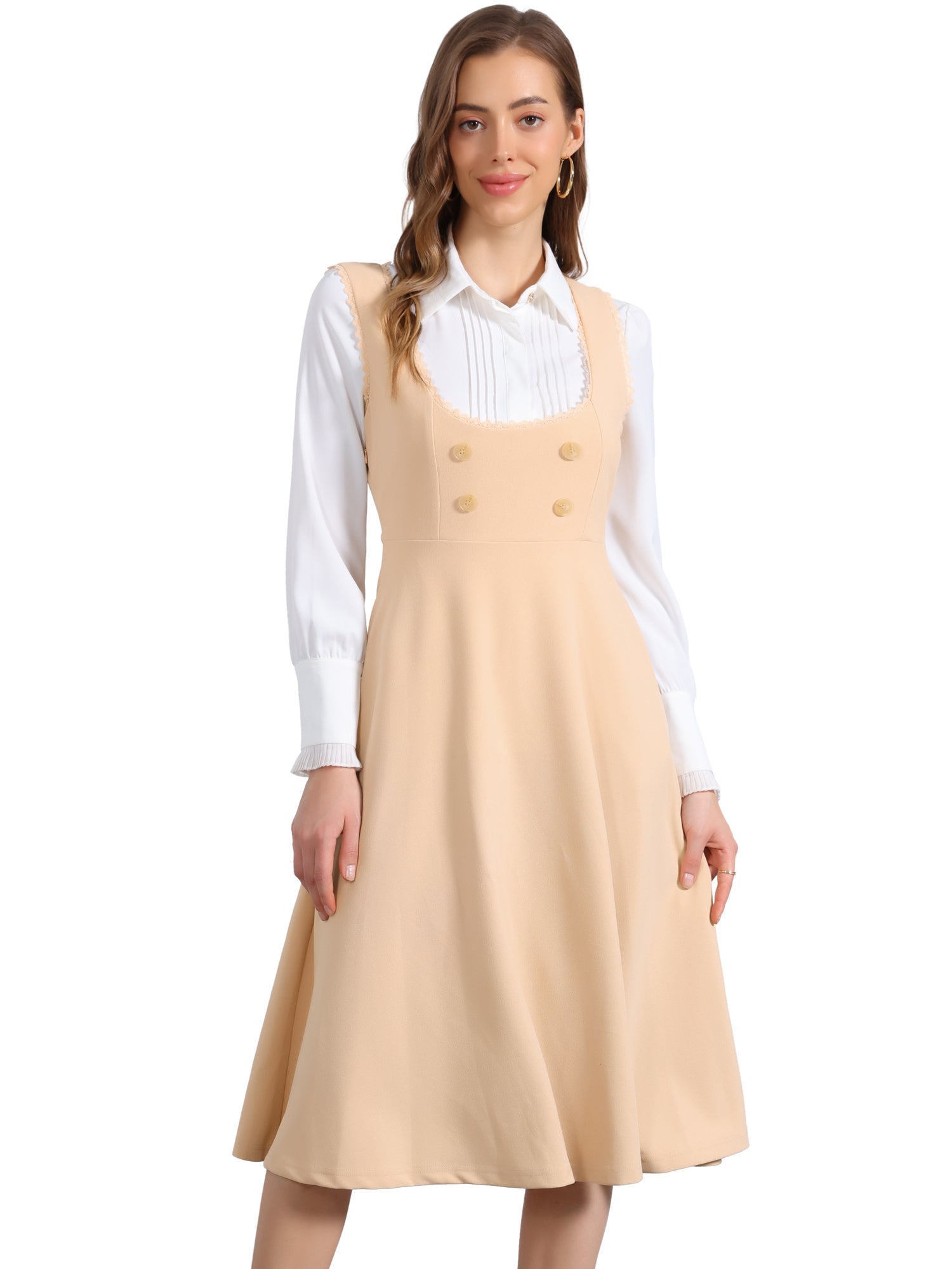 Lace Trim Button Decor Pockets Overalls Midi Pinafore Dress