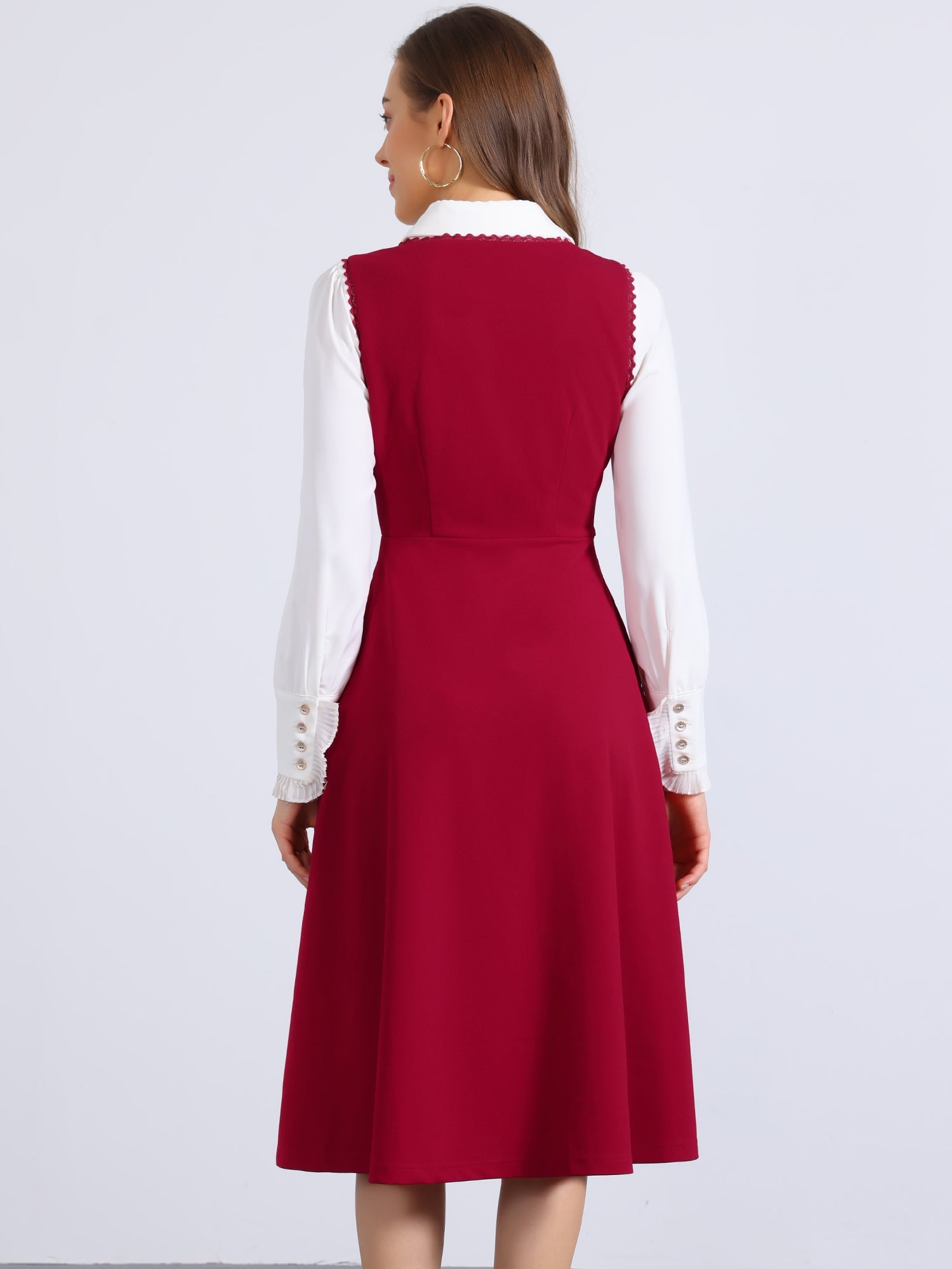 Lace Trim Button Decor Pockets Overalls Midi Pinafore Dress