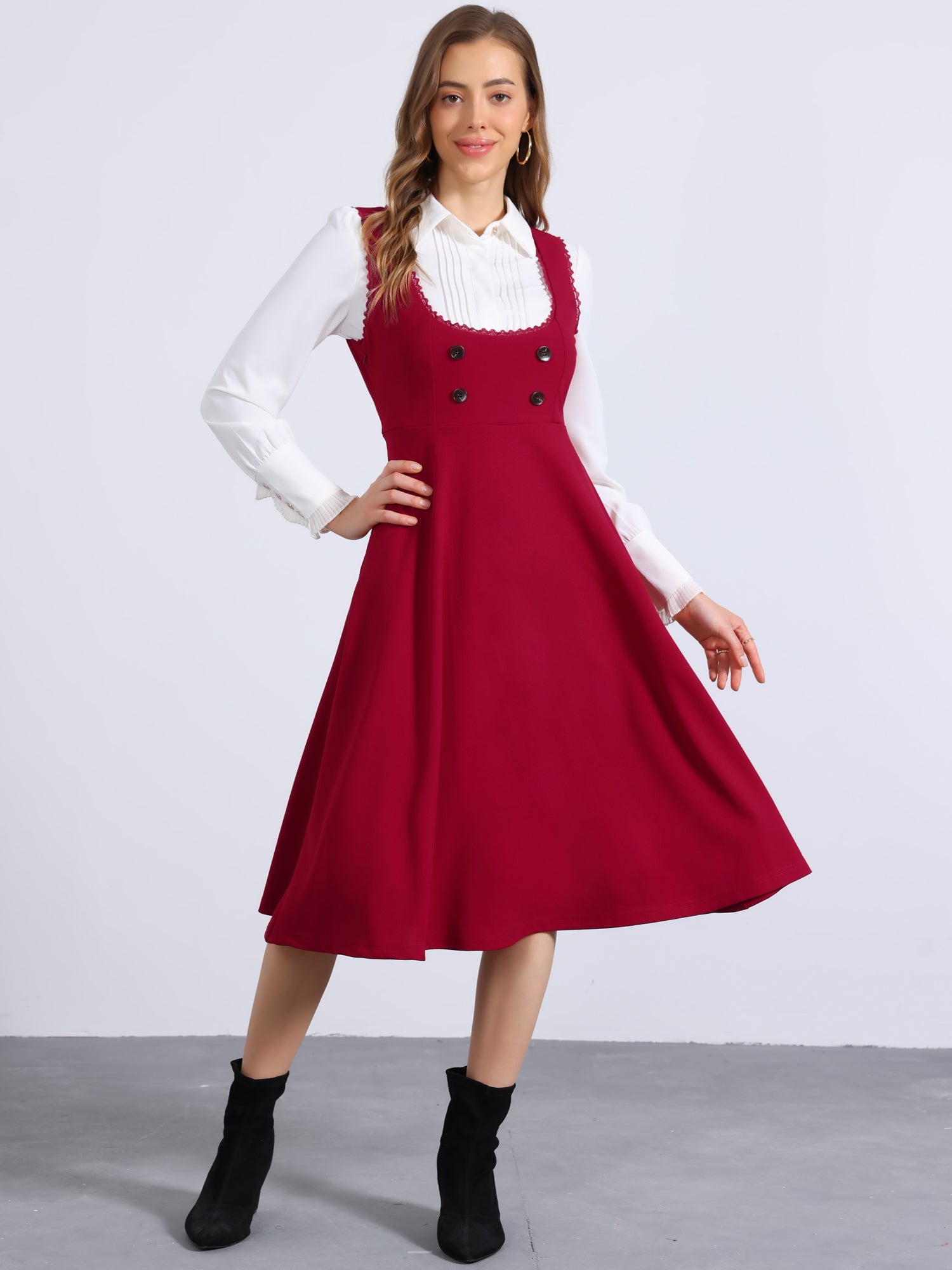 Lace Trim Button Decor Pockets Overalls Midi Pinafore Dress