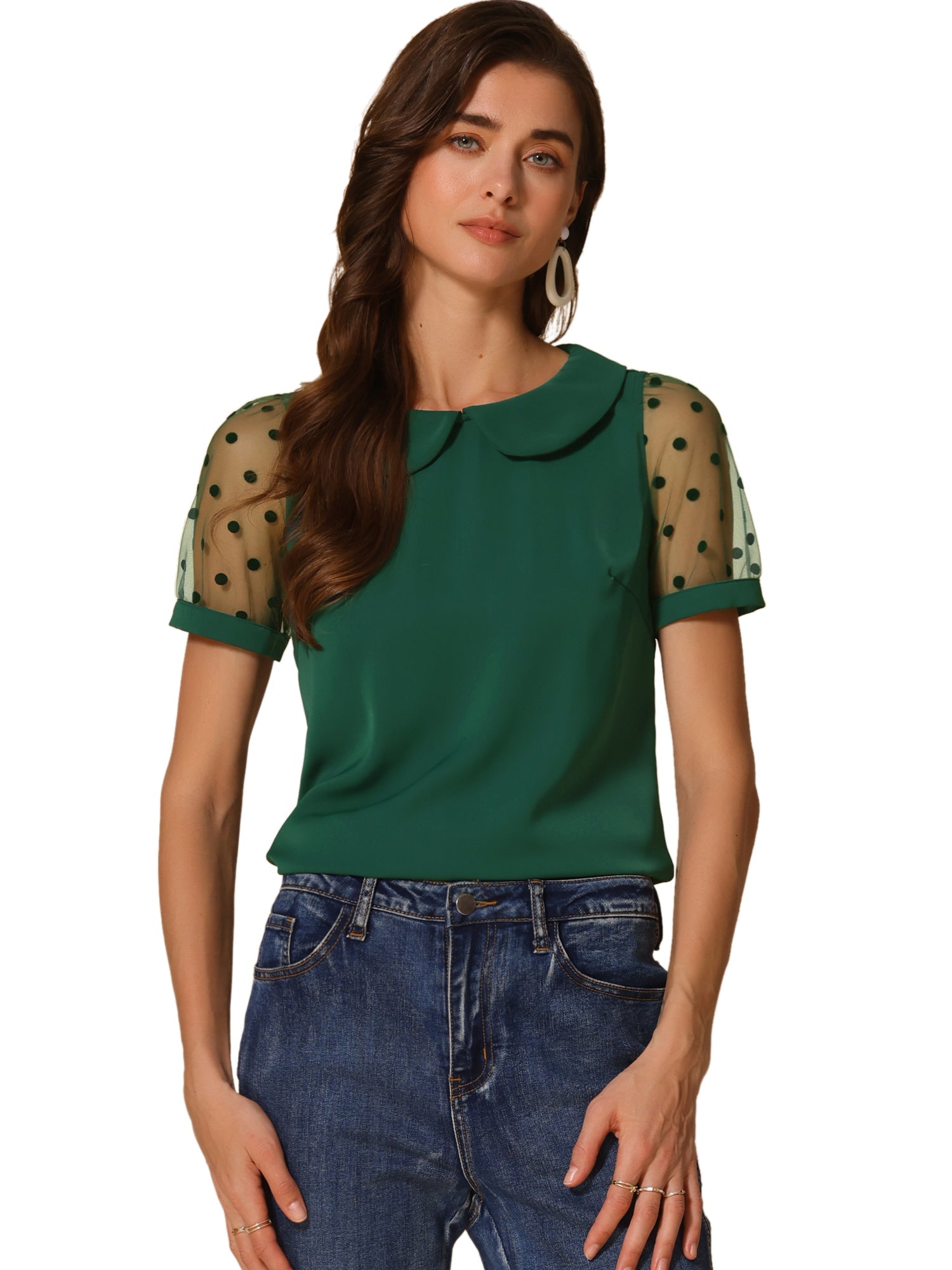 Peter Pan Collar Puff Mesh Short Sleeve Polka Dot Blouse