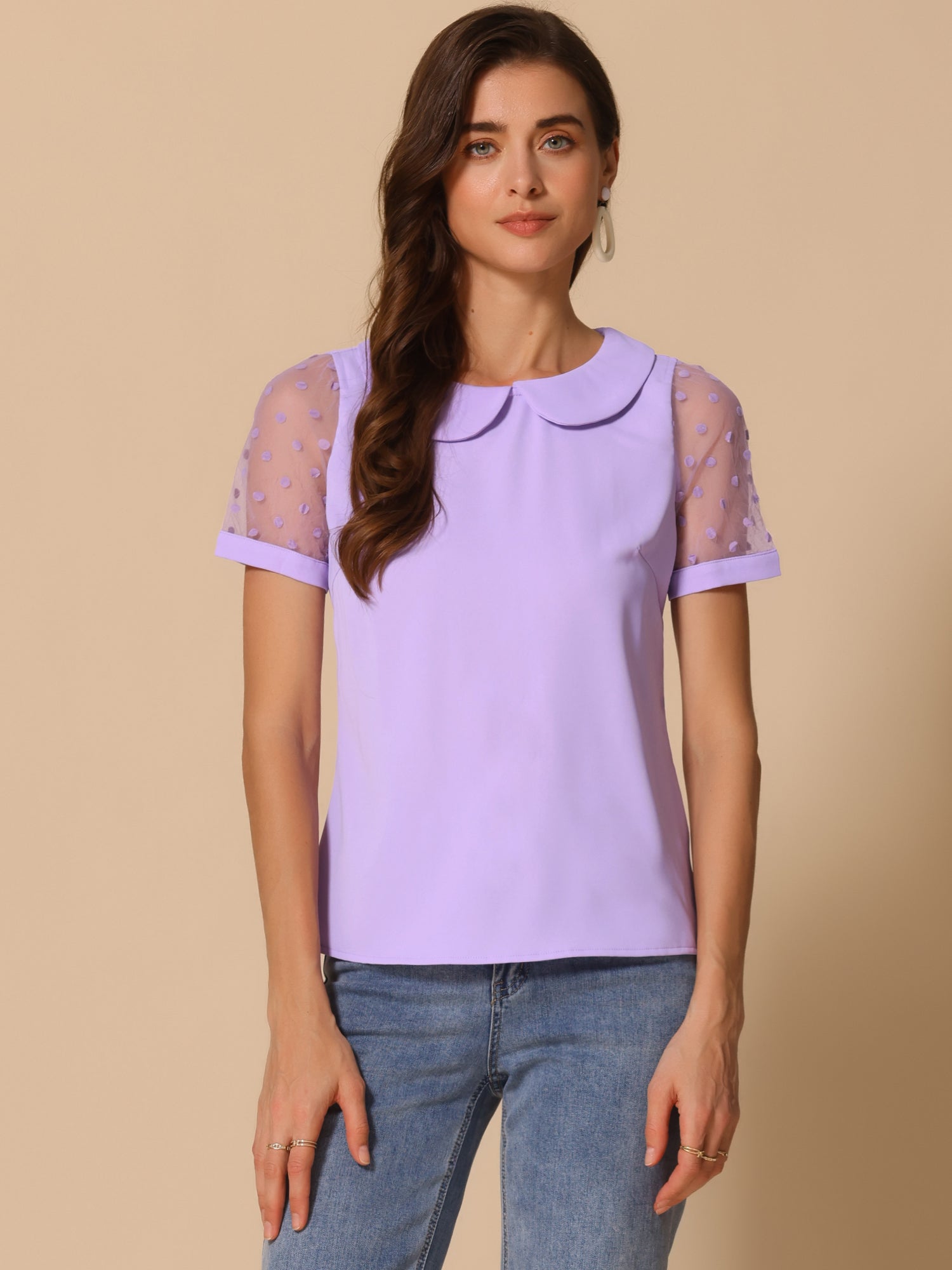 Peter Pan Collar Puff Mesh Short Sleeve Polka Dot Blouse