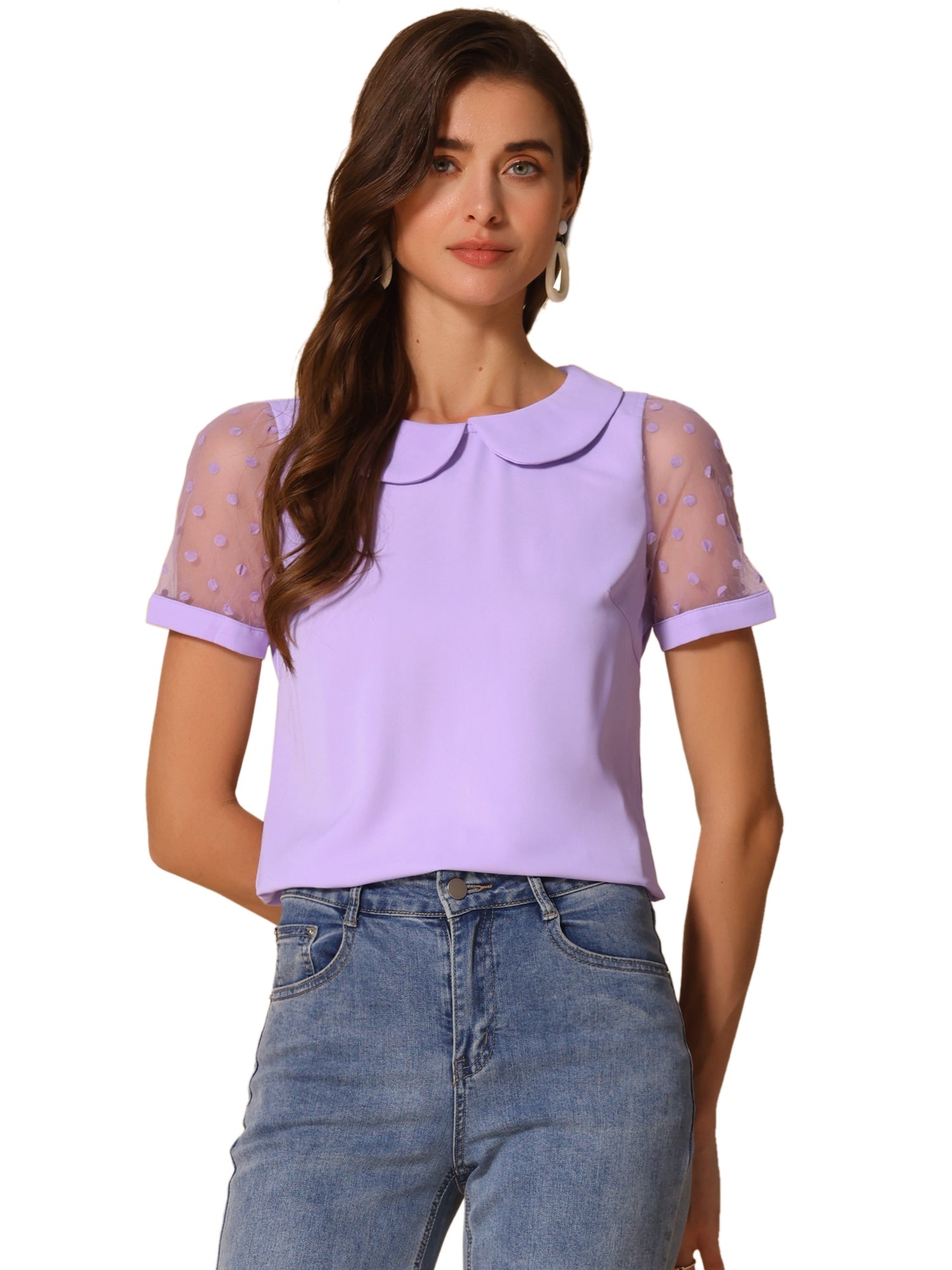 Peter Pan Collar Puff Mesh Short Sleeve Polka Dot Blouse