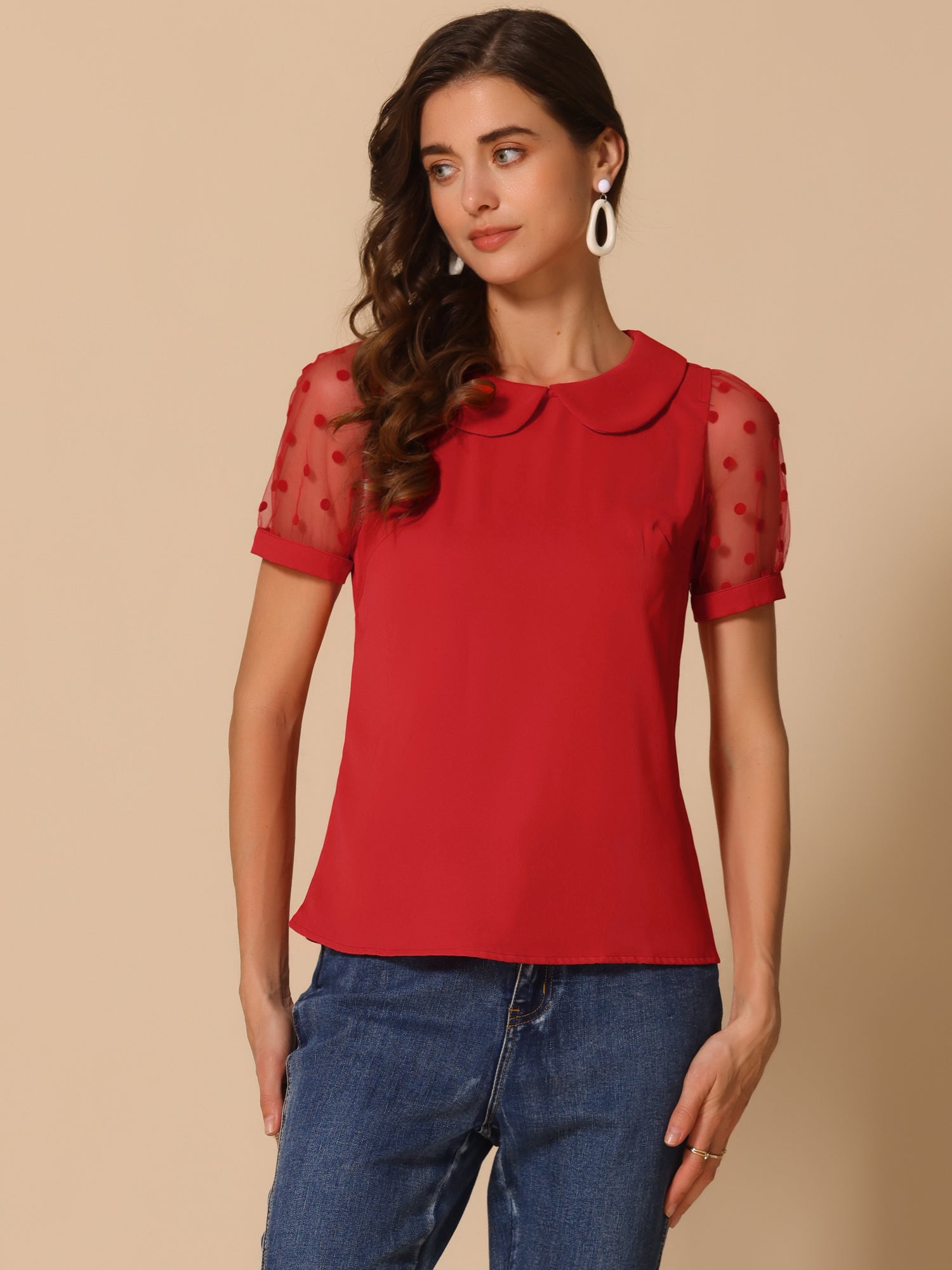 Peter Pan Collar Puff Mesh Short Sleeve Polka Dot Blouse
