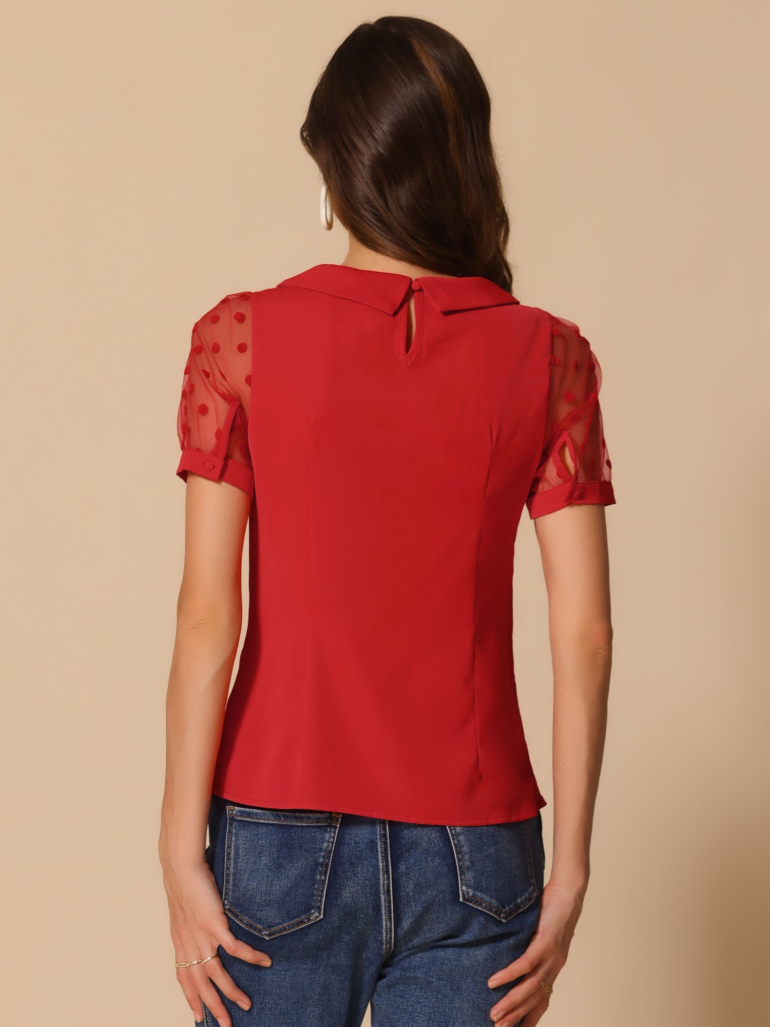 Peter Pan Collar Puff Mesh Short Sleeve Polka Dot Blouse