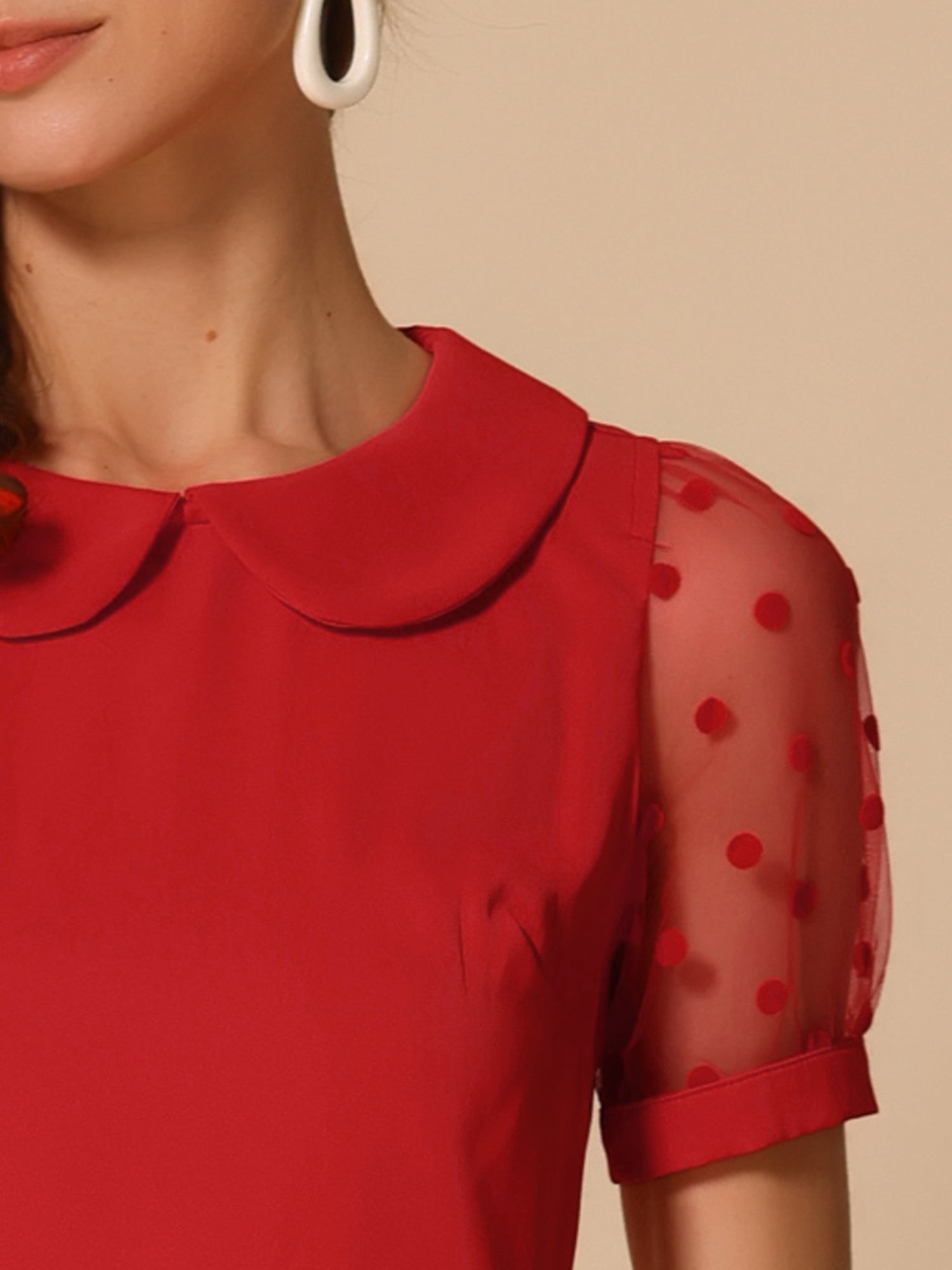 Peter Pan Collar Puff Mesh Short Sleeve Polka Dot Blouse