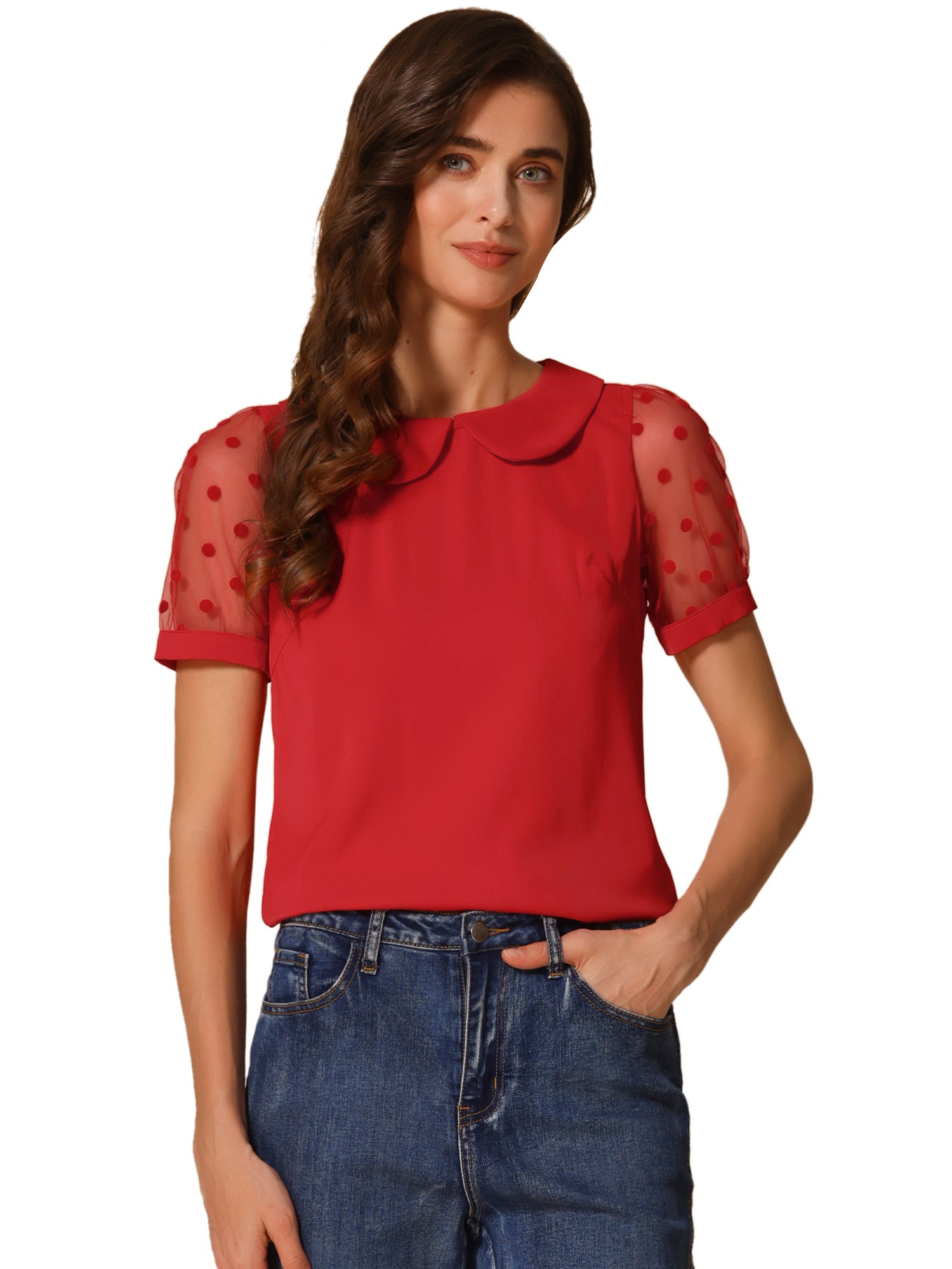 Peter Pan Collar Puff Mesh Short Sleeve Polka Dot Blouse
