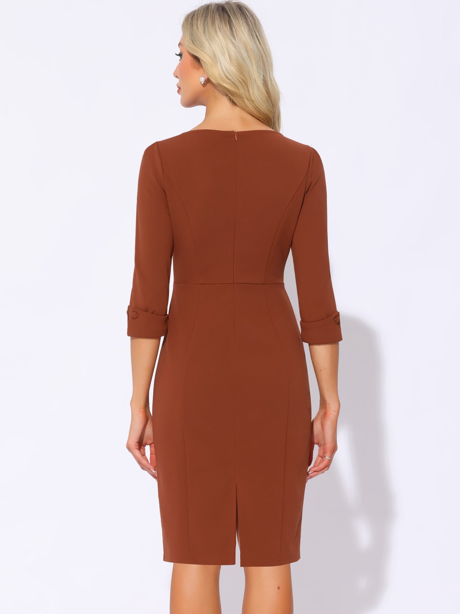 3/4 Sleeve Notch Neck Slim Fit Work Pencil Midi Dress