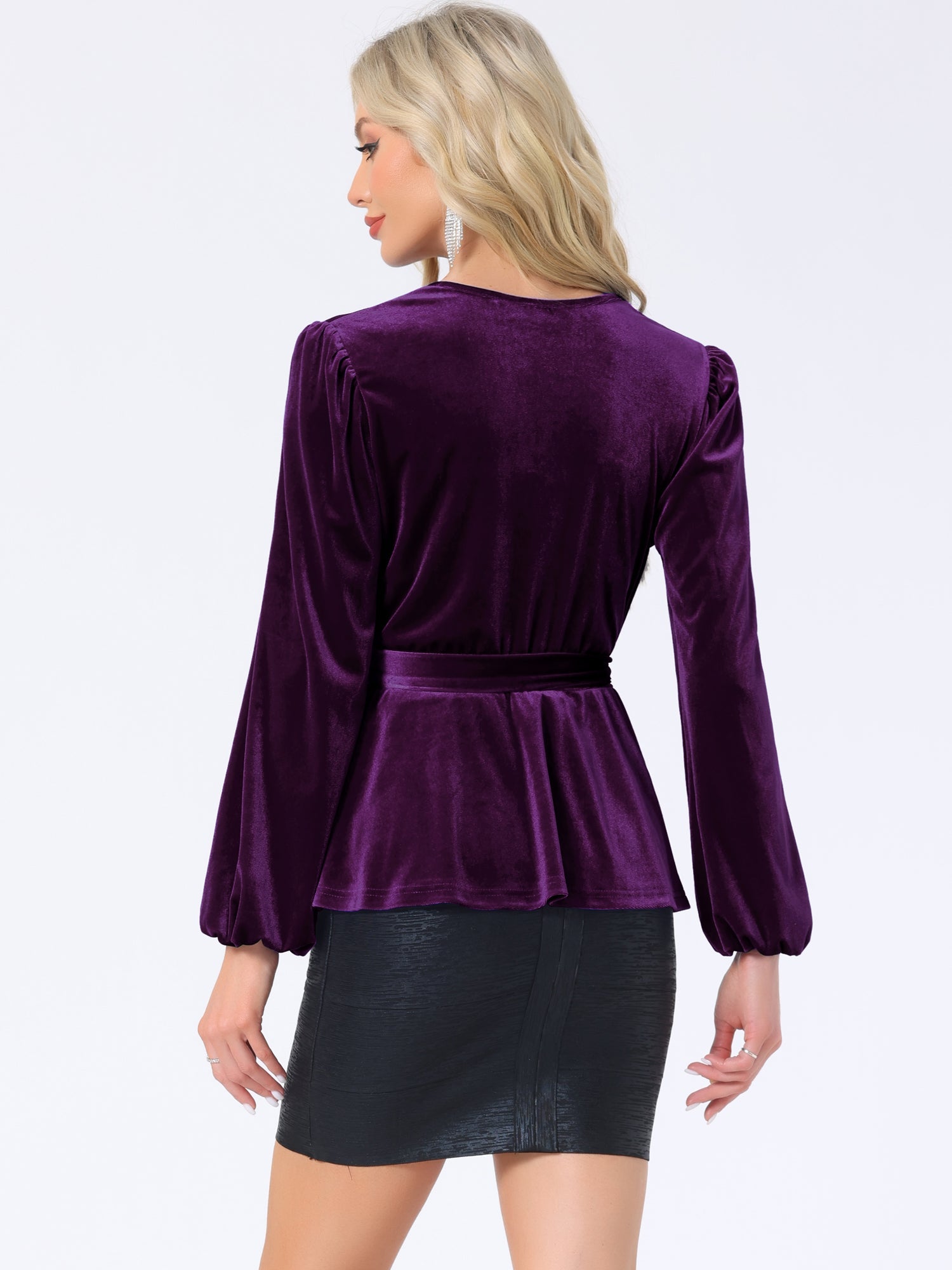 Velvet Wrap Tie Waist Long Sleeve Peplum Blouse