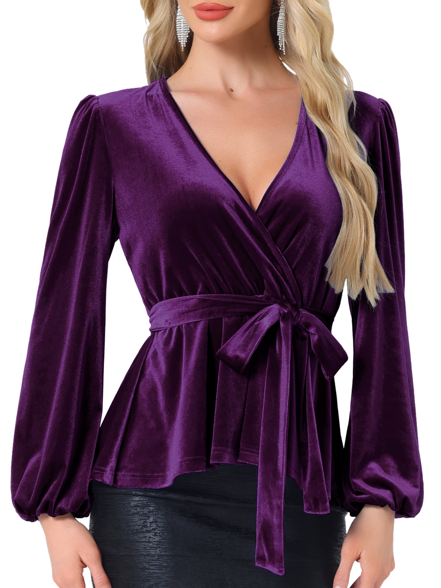 Velvet Wrap Tie Waist Long Sleeve Peplum Blouse