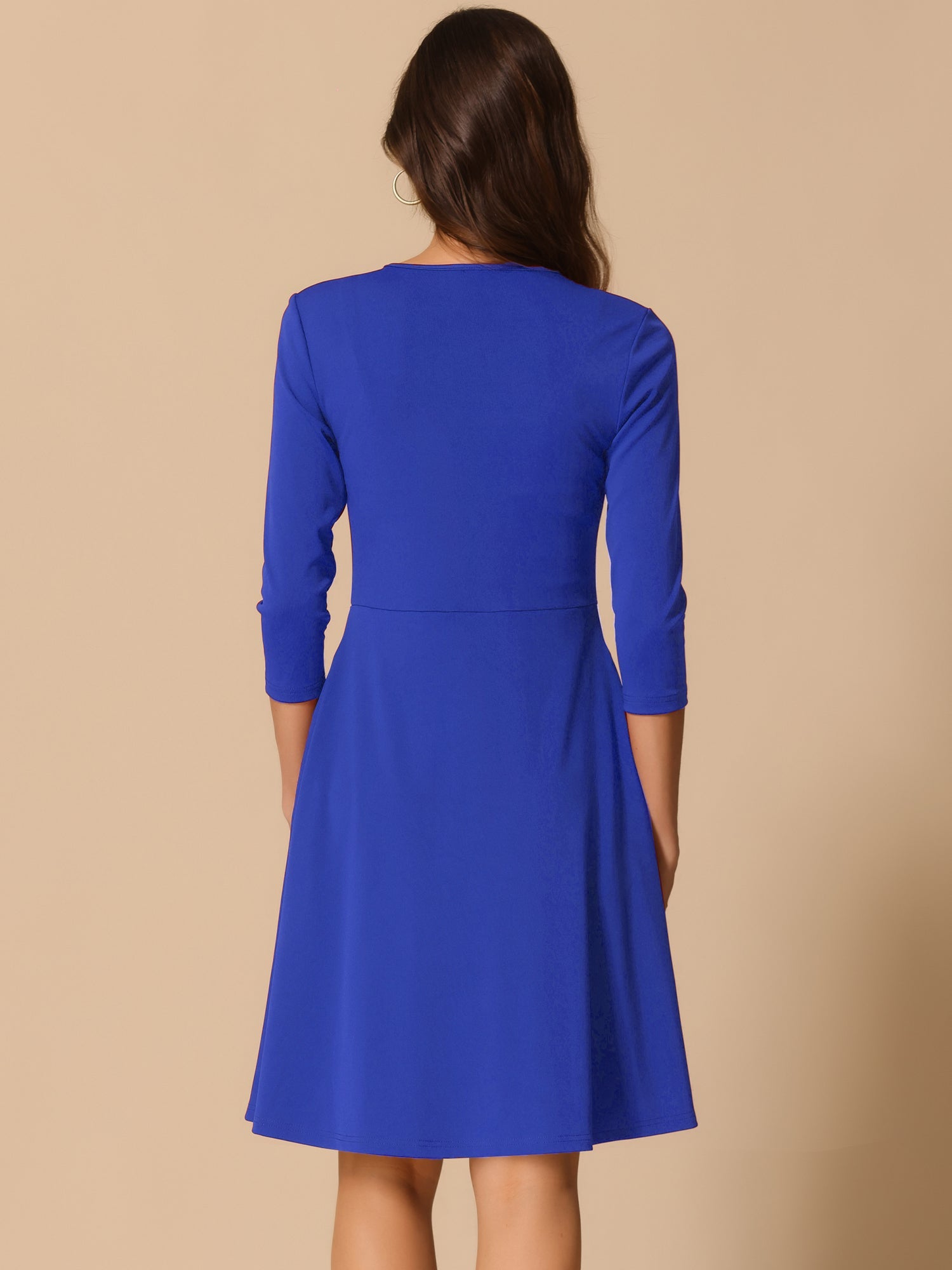 3/4 Sleeve Pleated Keyhole Pockets A-Line Above Knee Dress